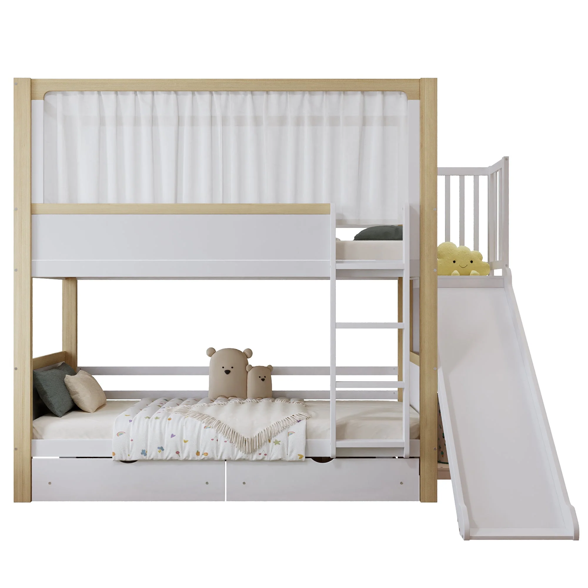 Bunk Bed, Children's with Drawers, Slide & Fabric Curtain, Pine, MDF, Plywood, White & Natural, 90x200cm - Image 10