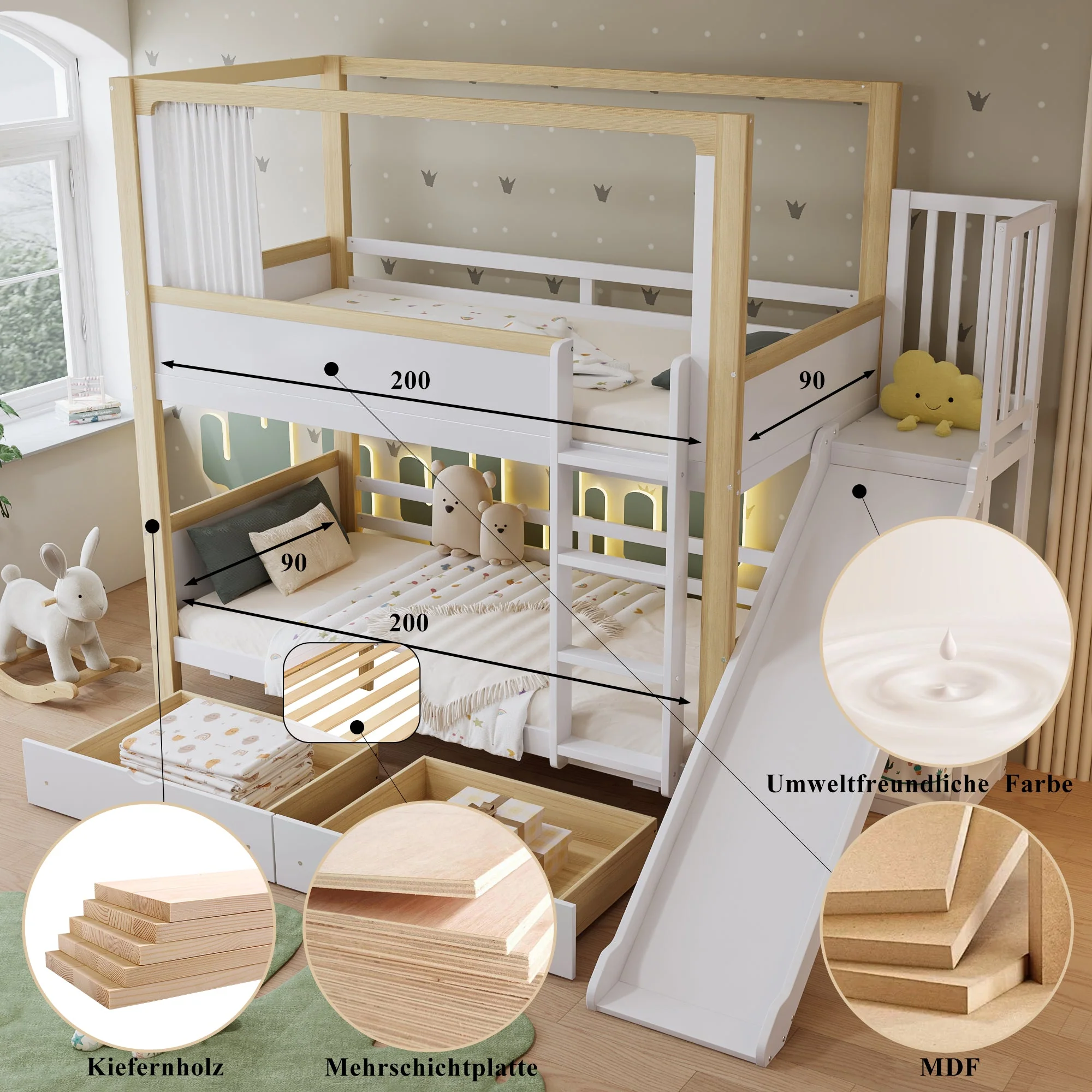 Bunk Bed, Children's with Drawers, Slide & Fabric Curtain, Pine, MDF, Plywood, White & Natural, 90x200cm - Image 5