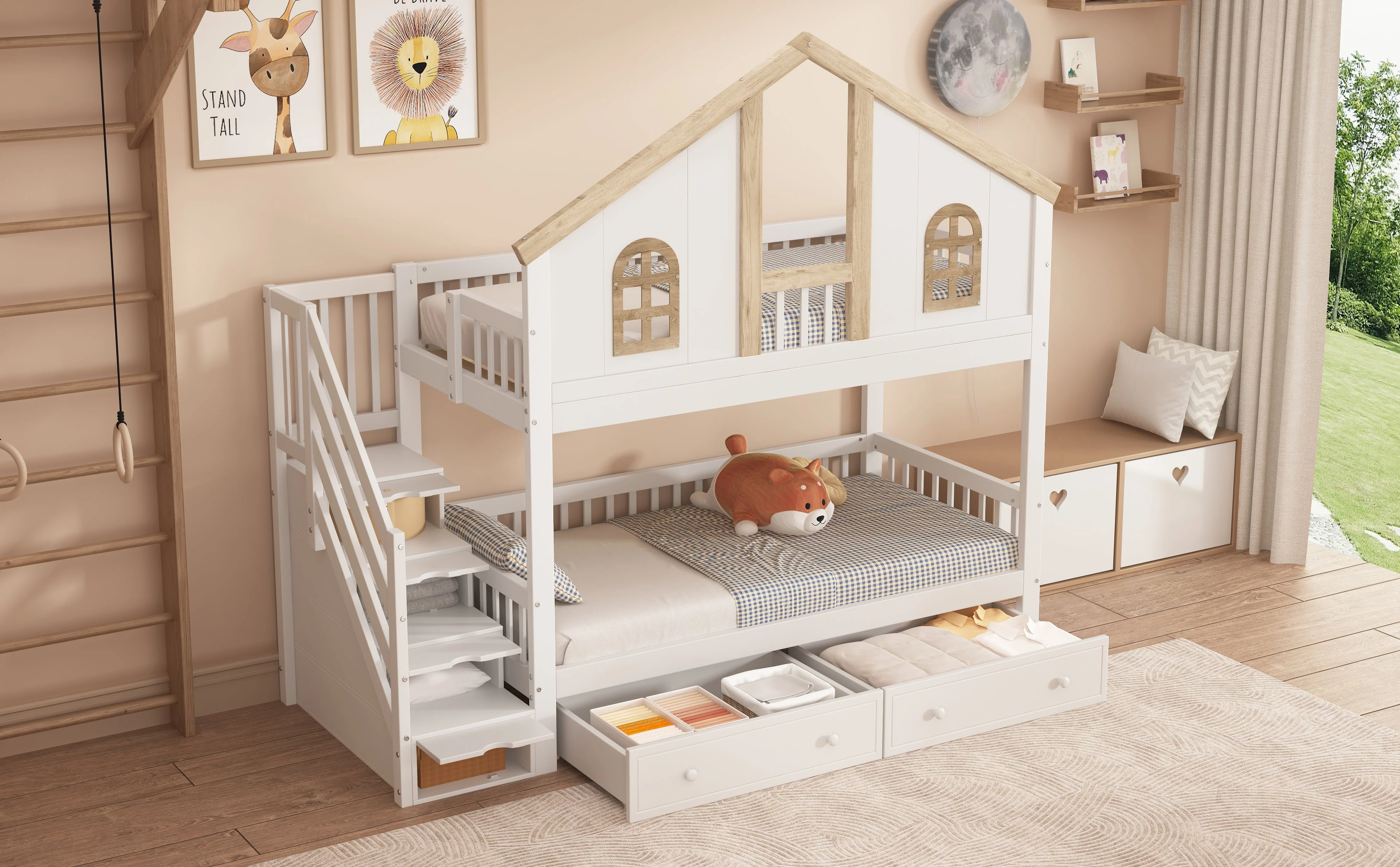 Bunk Bed, Children's with Safety Gate, Drawers & Storage Stairs, Pine+MDF, White+Natural - Image 8