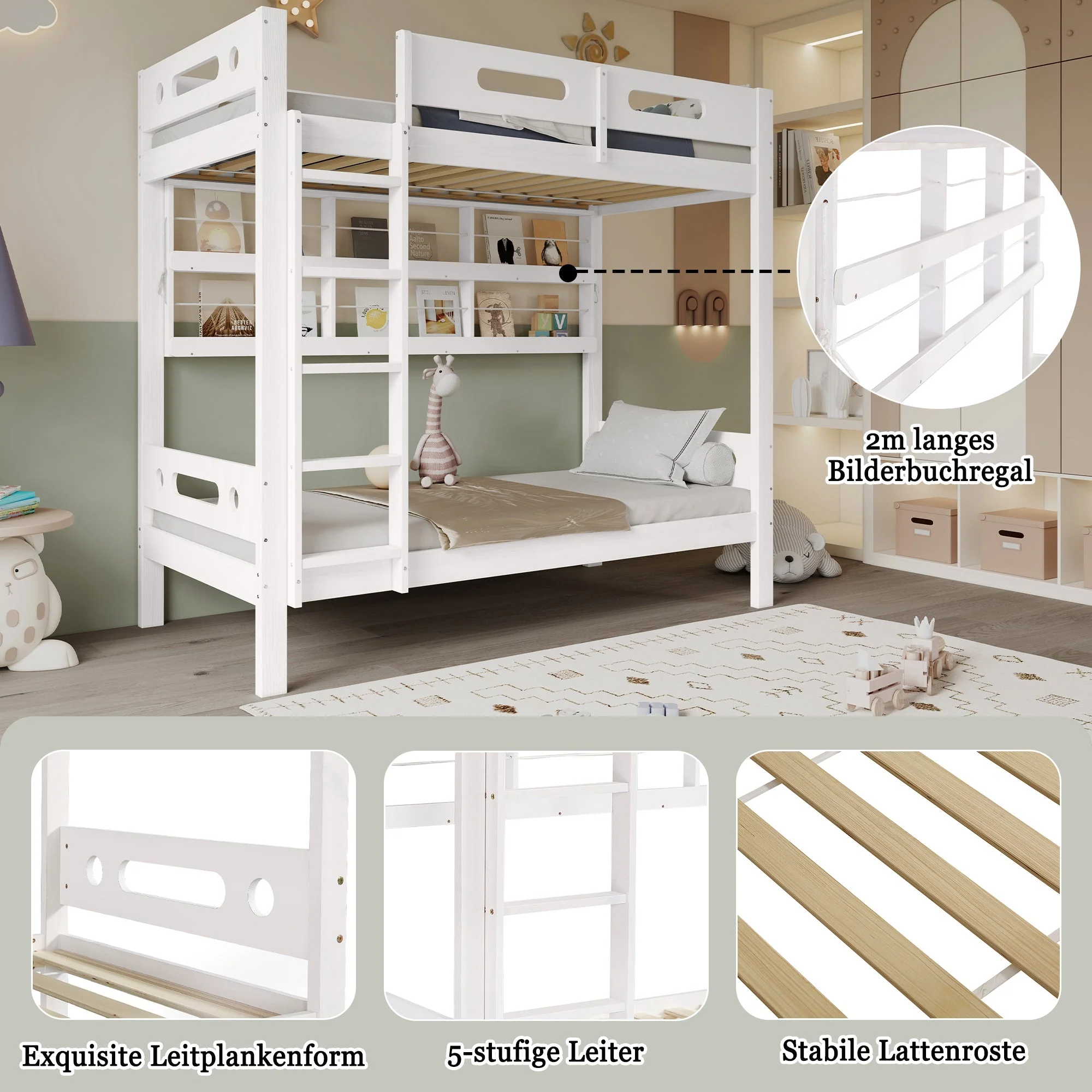 Bunk Bed, Children's with Safety Gate, Open Shelf, 5-Step Ladder, Pine + MDF White, 90x200cm - Image 7