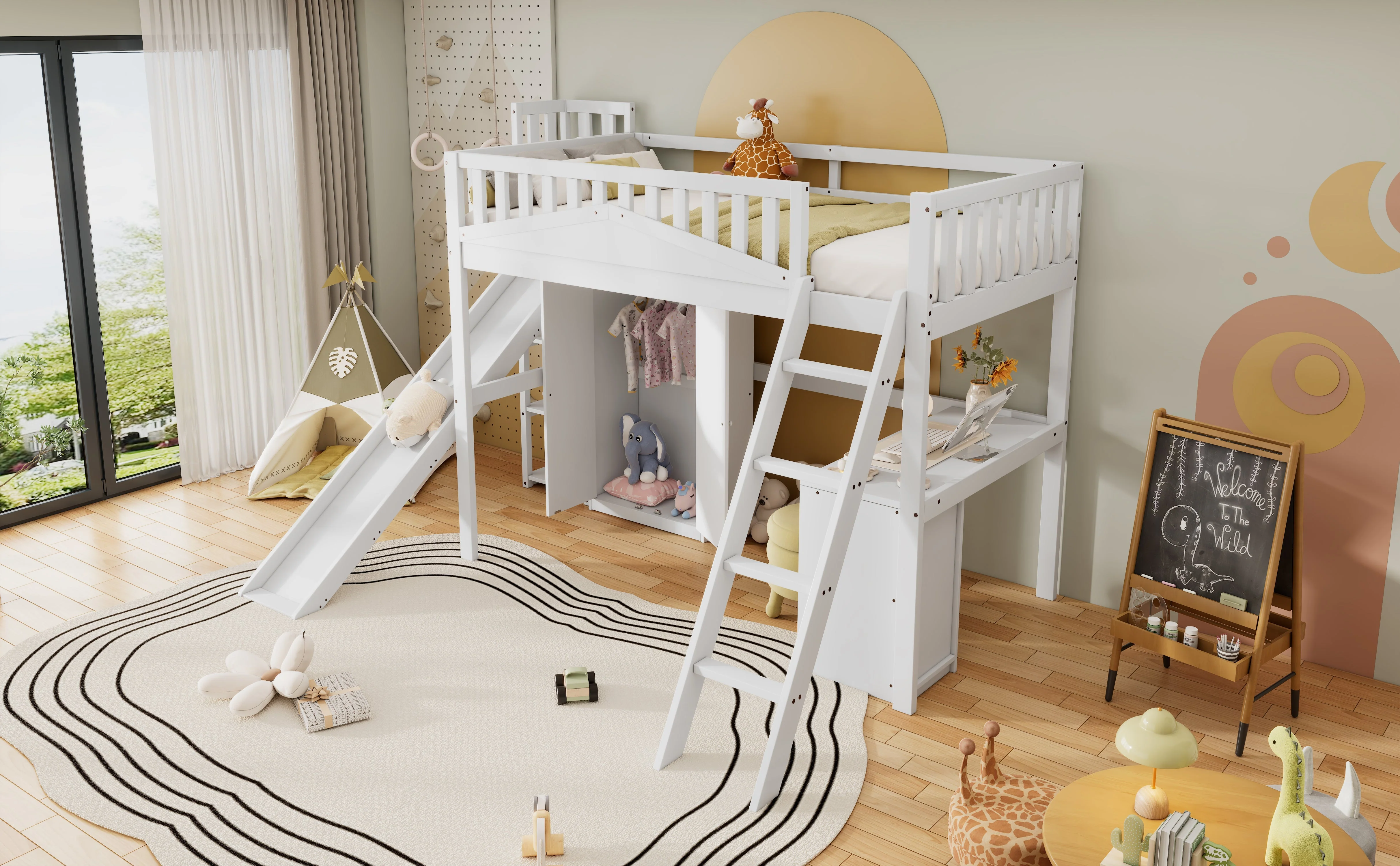 Bunk Bed, Children's with Safety Gate, Table, Wardrobe & Ladder, Pine+MDF+Plywood, White, 90x200cm - Image 10