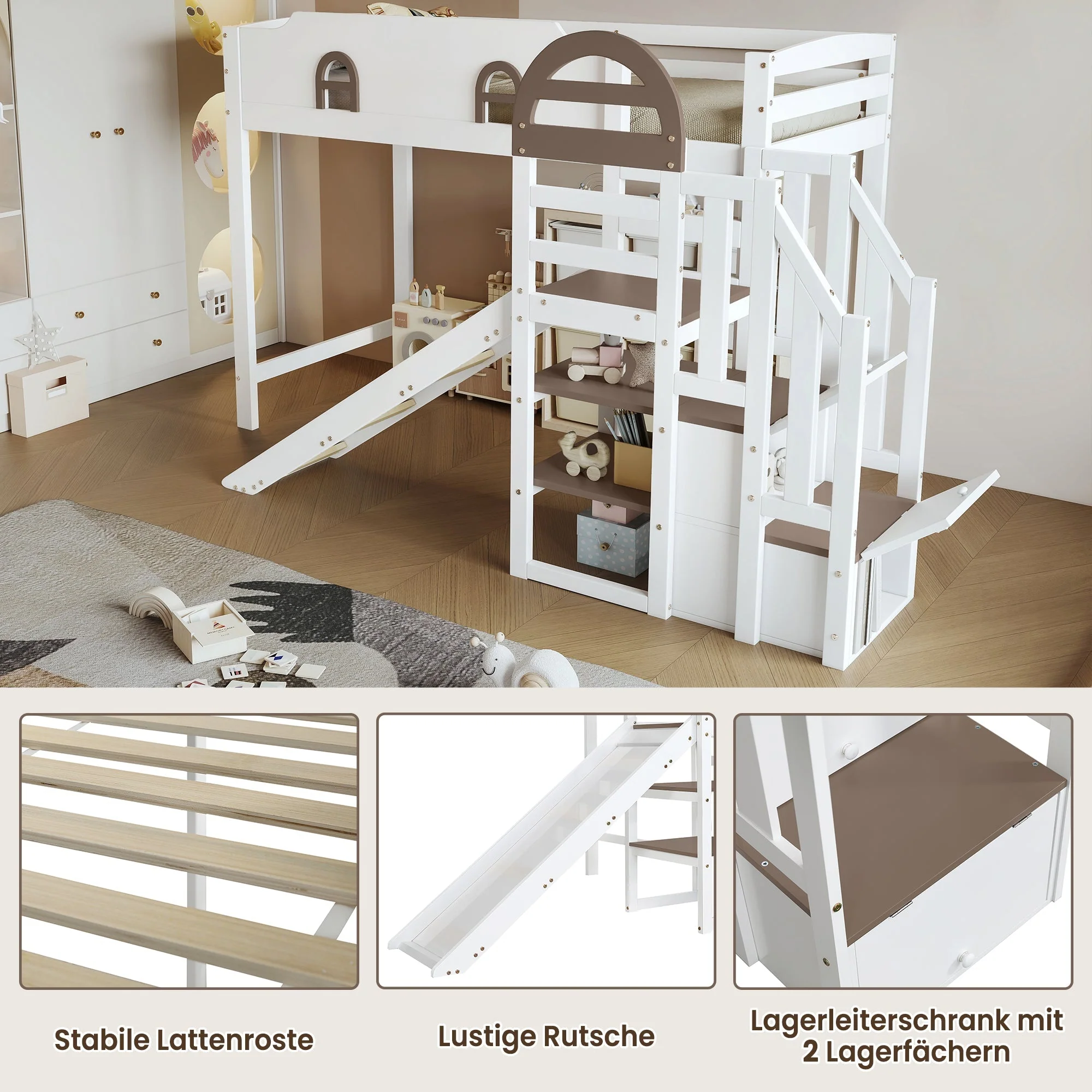 Bunk Bed, Children's with Window, Slide, Stairs & Storage, Pine + MDF, White + Brown, 90 x 200 cm - Image 6