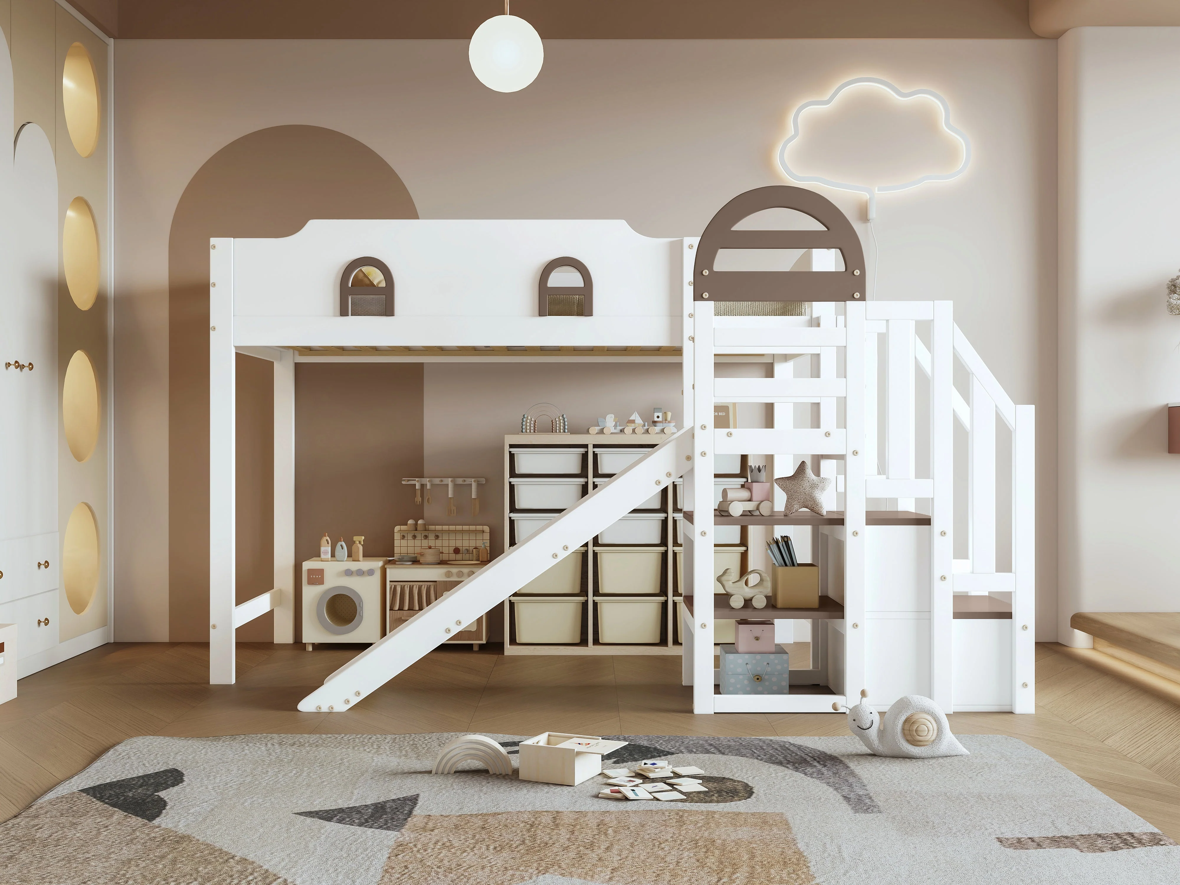 Bunk Bed, Children's with Window, Slide, Stairs & Storage, Pine + MDF, White + Brown, 90 x 200 cm - Image 9