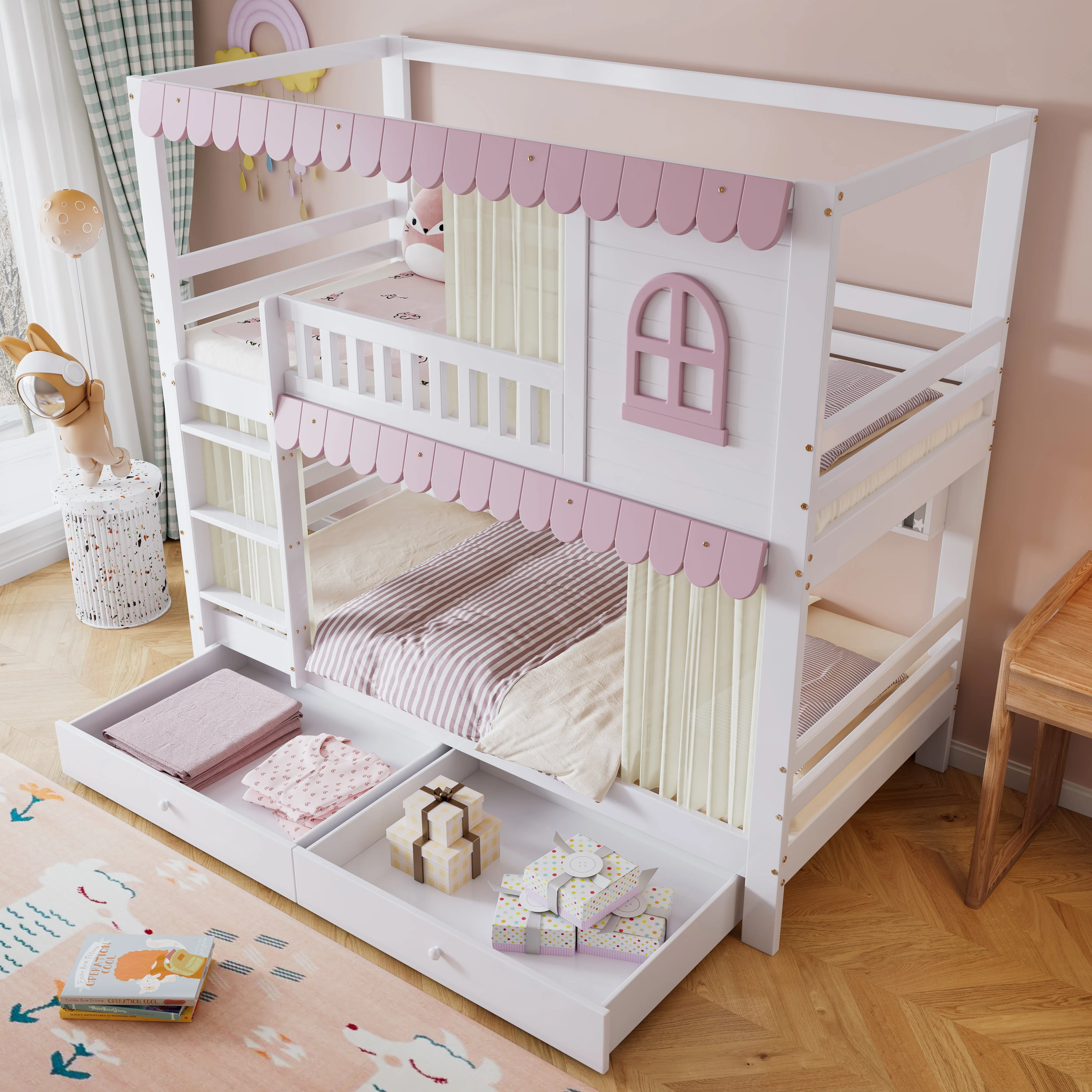 Bunk Bed, Children's with Windows, Curtains, Safety Gate & Storage, Pine + MDF, White + Pink - Image 3