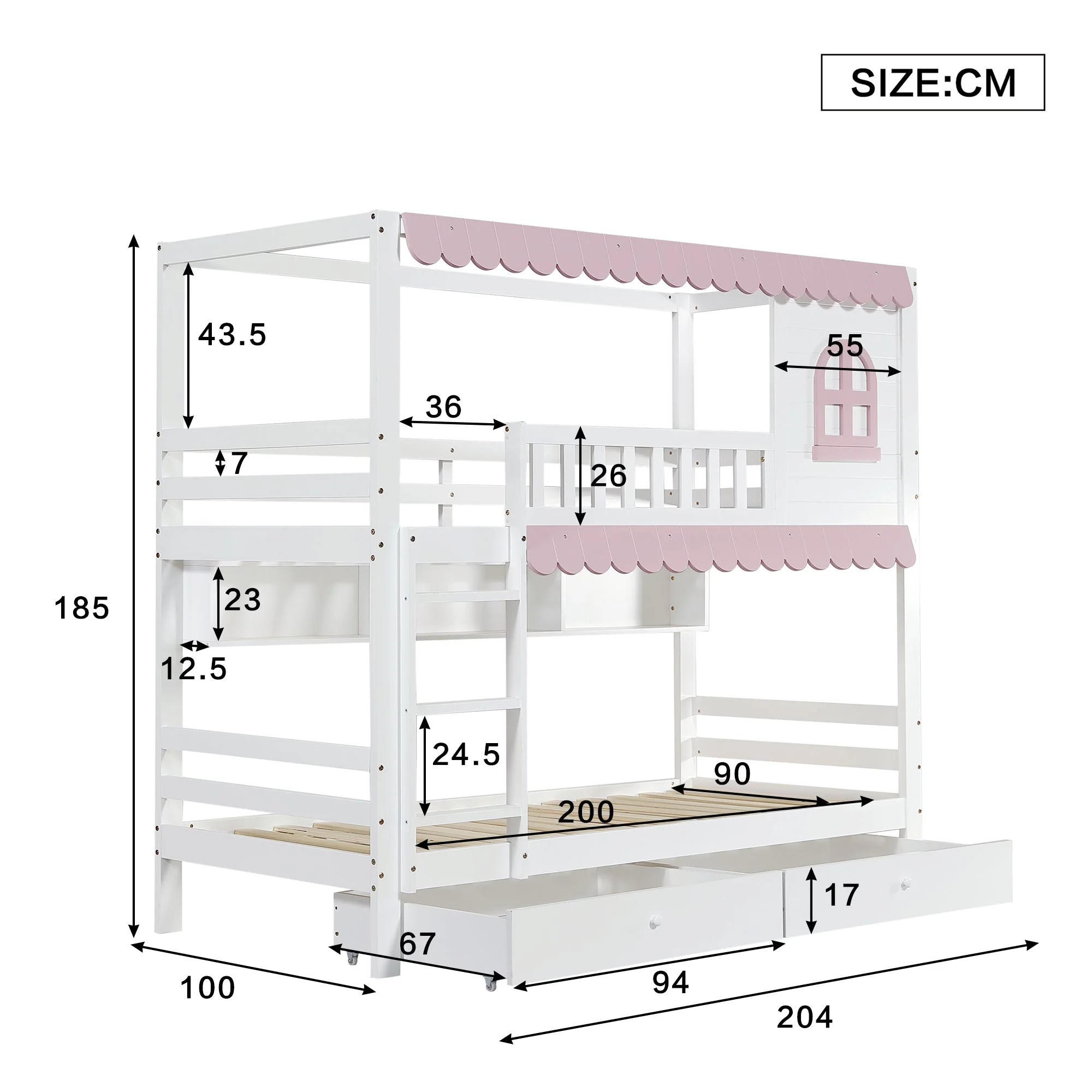Bunk Bed, Children's with Windows, Curtains, Safety Gate & Storage, Pine + MDF, White + Pink - Image 6