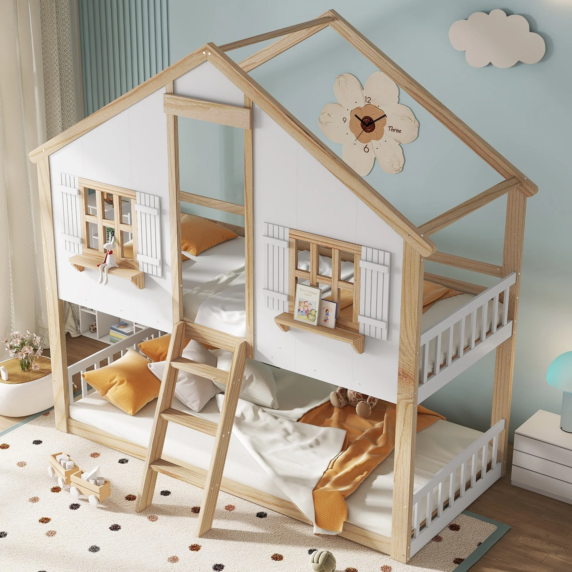 Bunk Bed, Children's with Windows & Roof, Safety Rails, Pine & MDF, White & Natural, 90x200cm - Image 3