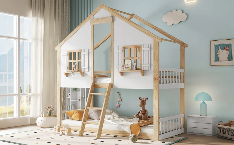 Bunk Bed, Children's with Windows & Roof, Safety Rails, Pine & MDF, White & Natural, 90x200cm - Image 7