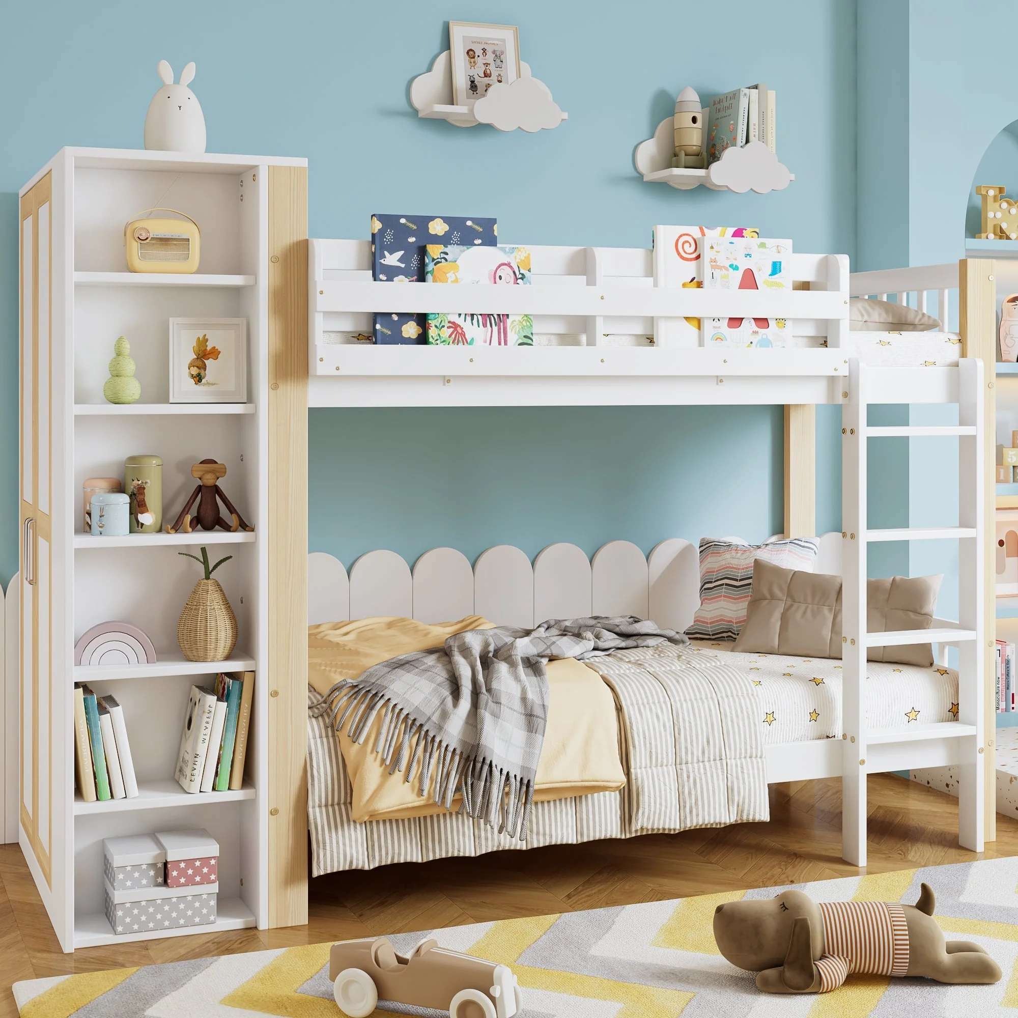 Bunk Bed, Child's with Ladder, Storage & Wardrobe, Pine+PB White+Natural - Image 3