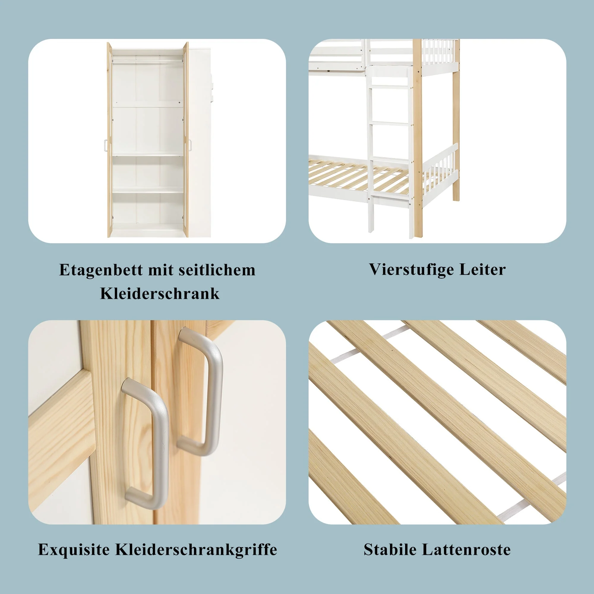 Bunk Bed, Child's with Ladder, Storage & Wardrobe, Pine+PB White+Natural - Image 6