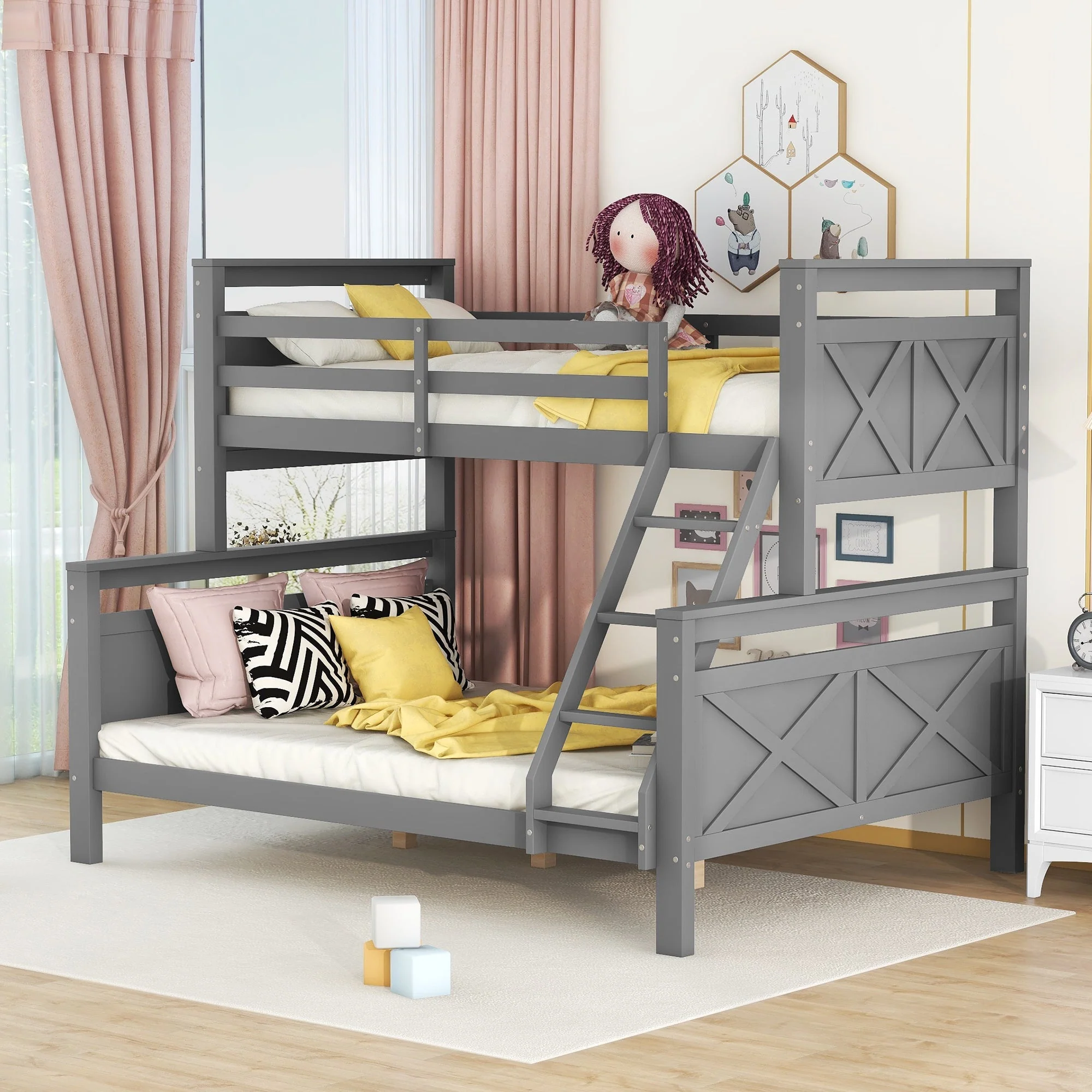 Bunk Bed Convertible 90/140x200cm with Ladder Railing Wooden Grey - Image 2