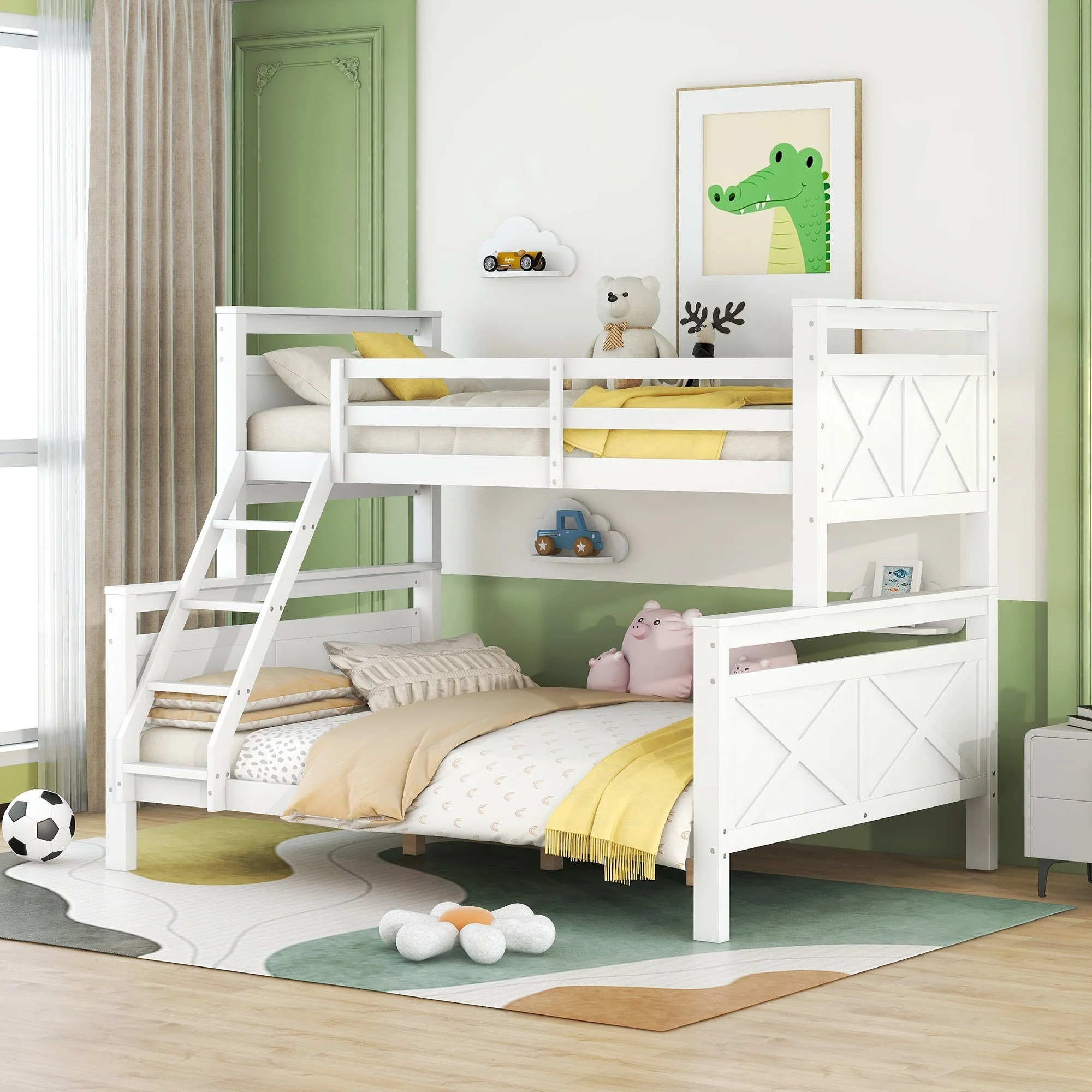 Bunk Bed Convertible to 2 Separate Beds Ladder Railing 90(140)x200cm - White Wood - Image 2