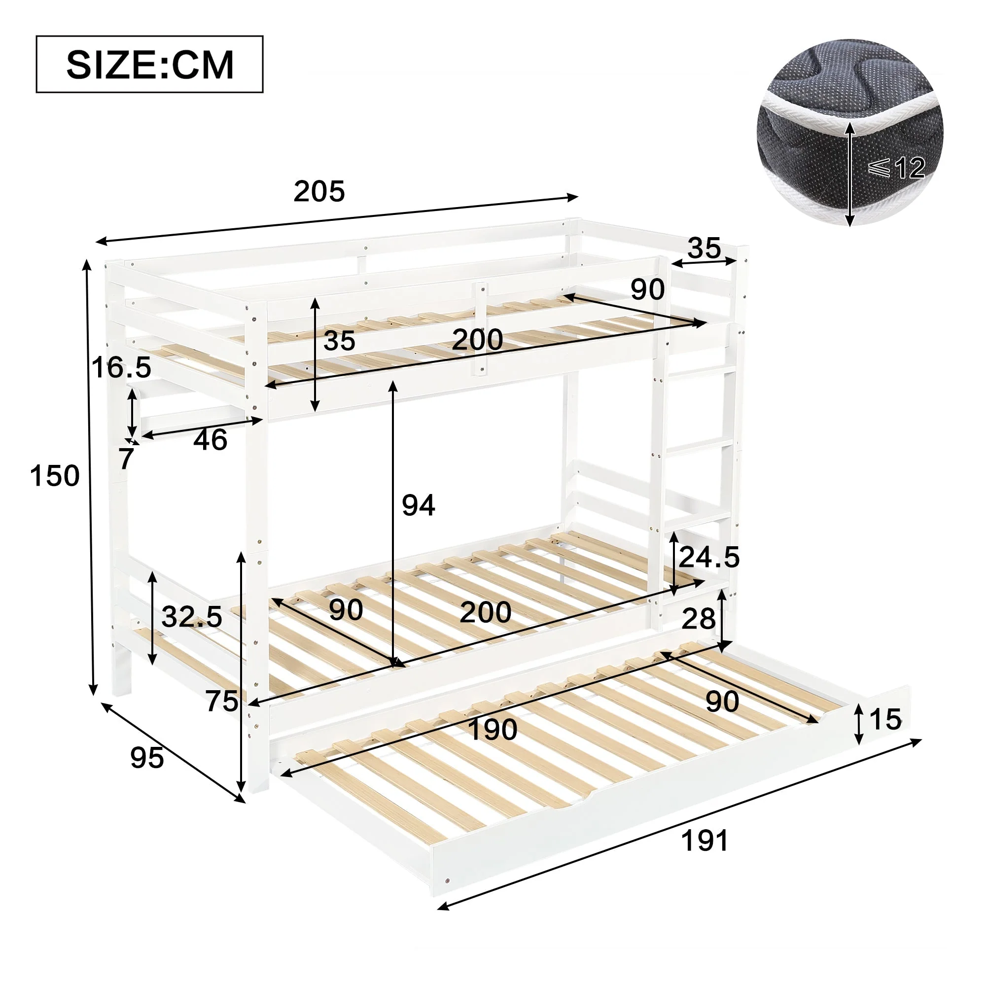 Bunk Bed Extendable with Shelves, Slats, Ladder, Pine/MDF/Plywood, White, 90x200cm - Image 5
