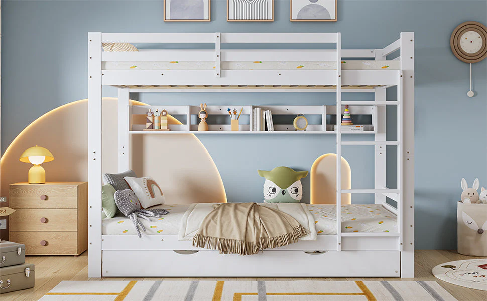 Bunk Bed Extendable with Shelves, Slats, Ladder, Pine/MDF/Plywood, White, 90x200cm - Image 8