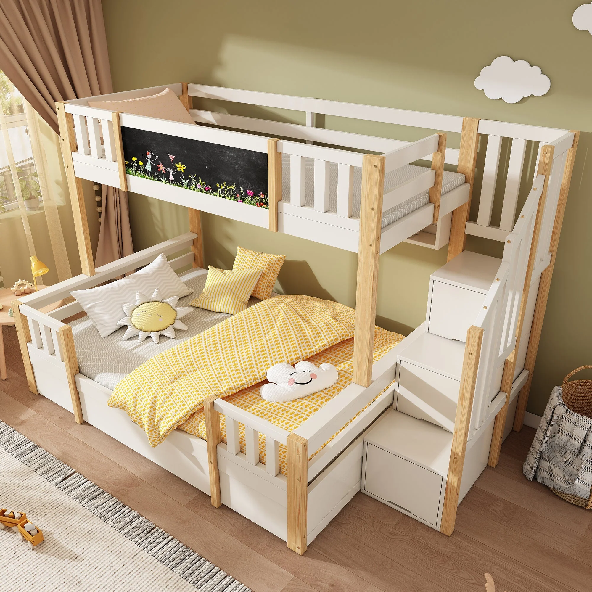 Bunk Bed for 3 Children with Storage Stairs and Chalkboard, White Natural Solid Wood - Image 3