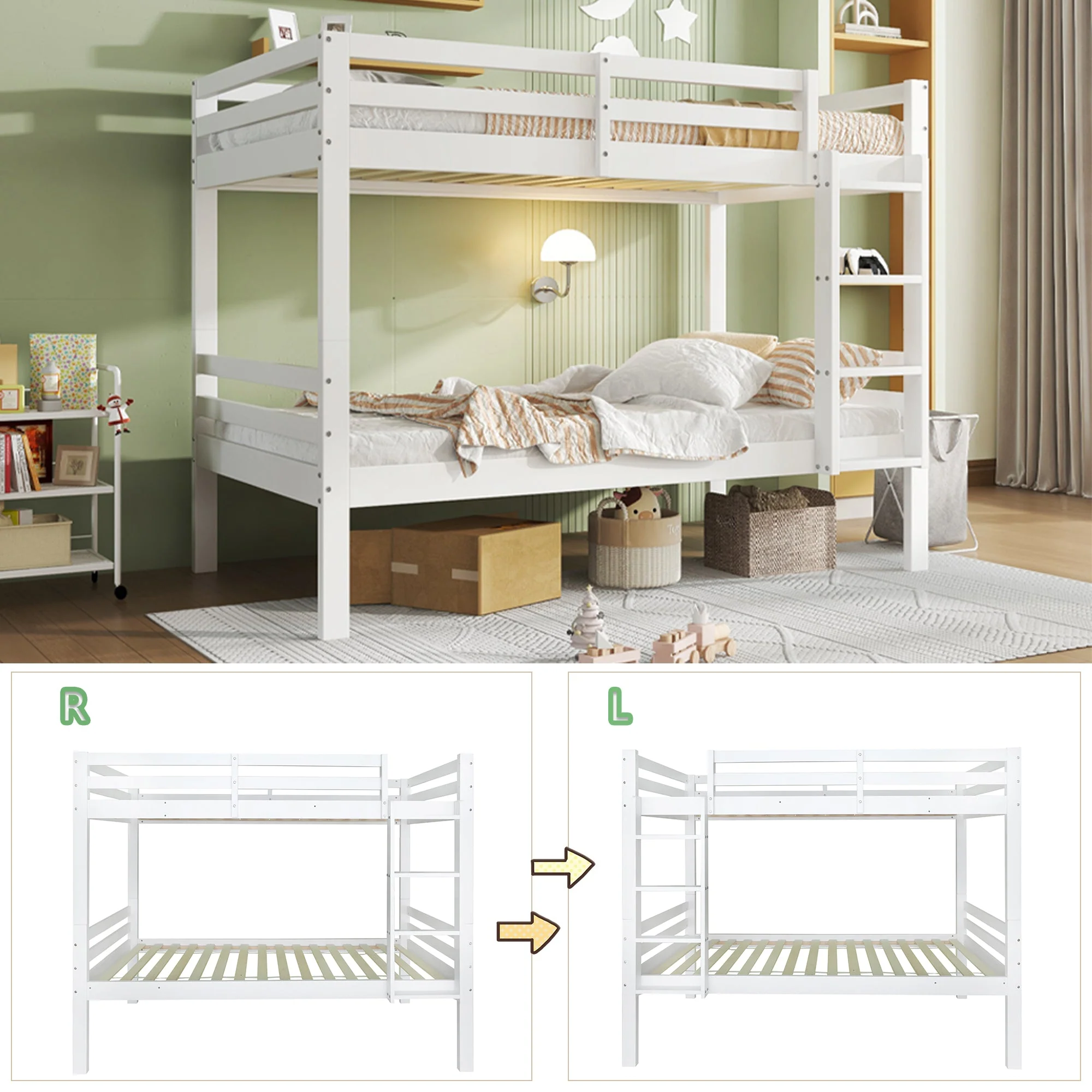 Bunk Bed for Children, Angled Ladder Fall Protection Divisible 2 Single Beds, Pine Frame White 90x200cm - Image 8