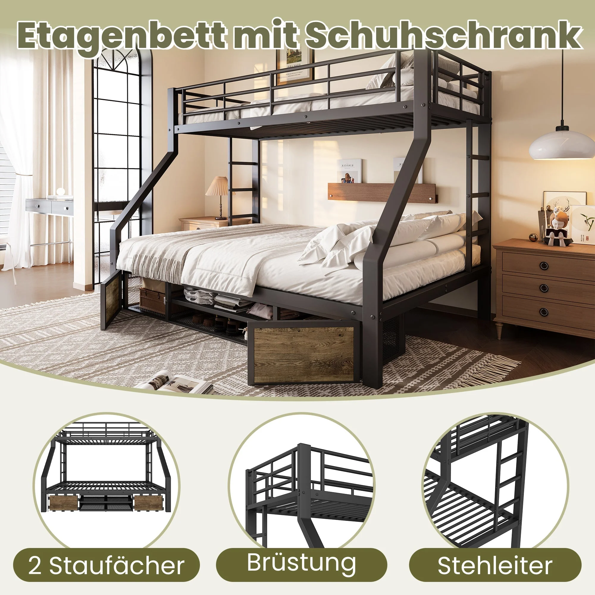 Bunk Bed for Children with Shoe Rack, Storage Compartments and Safety Rails, Black - Image 2