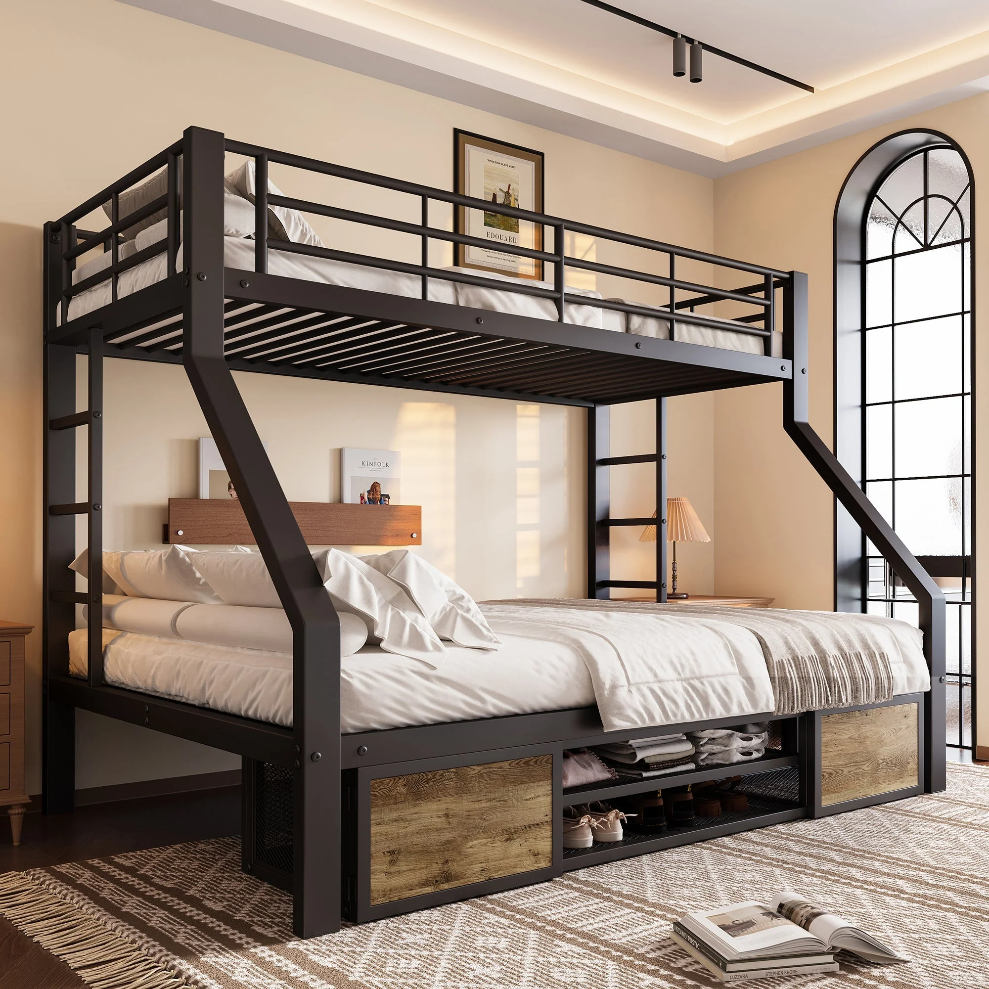 Bunk Bed for Children with Shoe Rack, Storage Compartments and Safety Rails, Black - Image 4