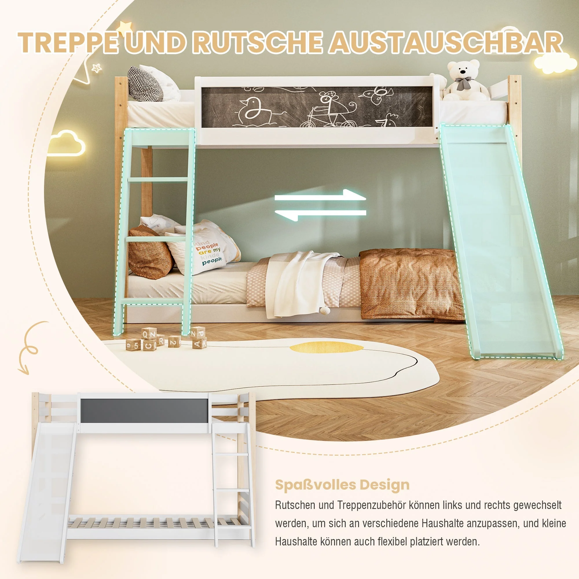 Bunk Bed for Children with Slide & Stairs, Safety Rail, Wood+PB Frame - Image 4