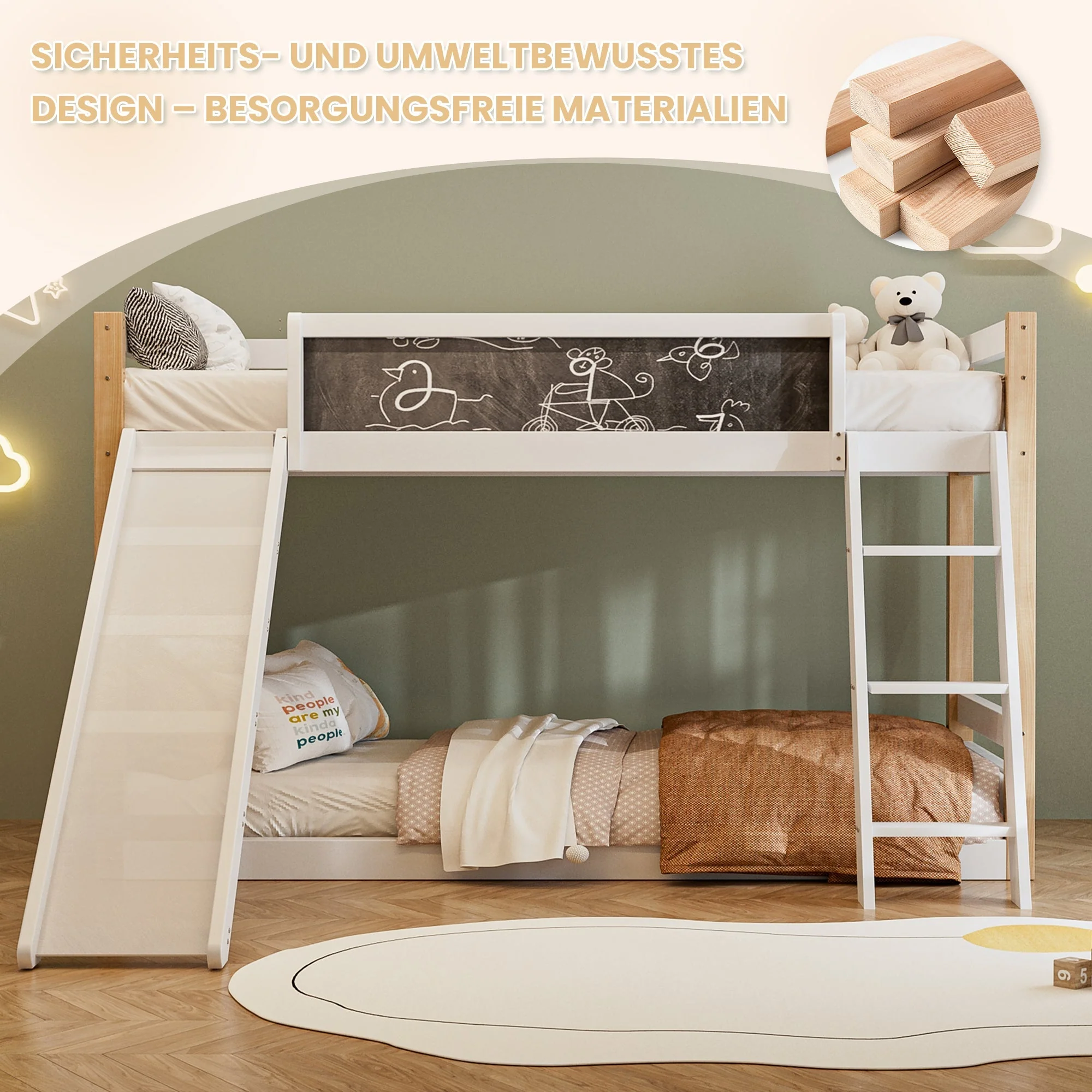 Bunk Bed for Children with Slide & Stairs, Safety Rail, Wood+PB Frame - Image 8