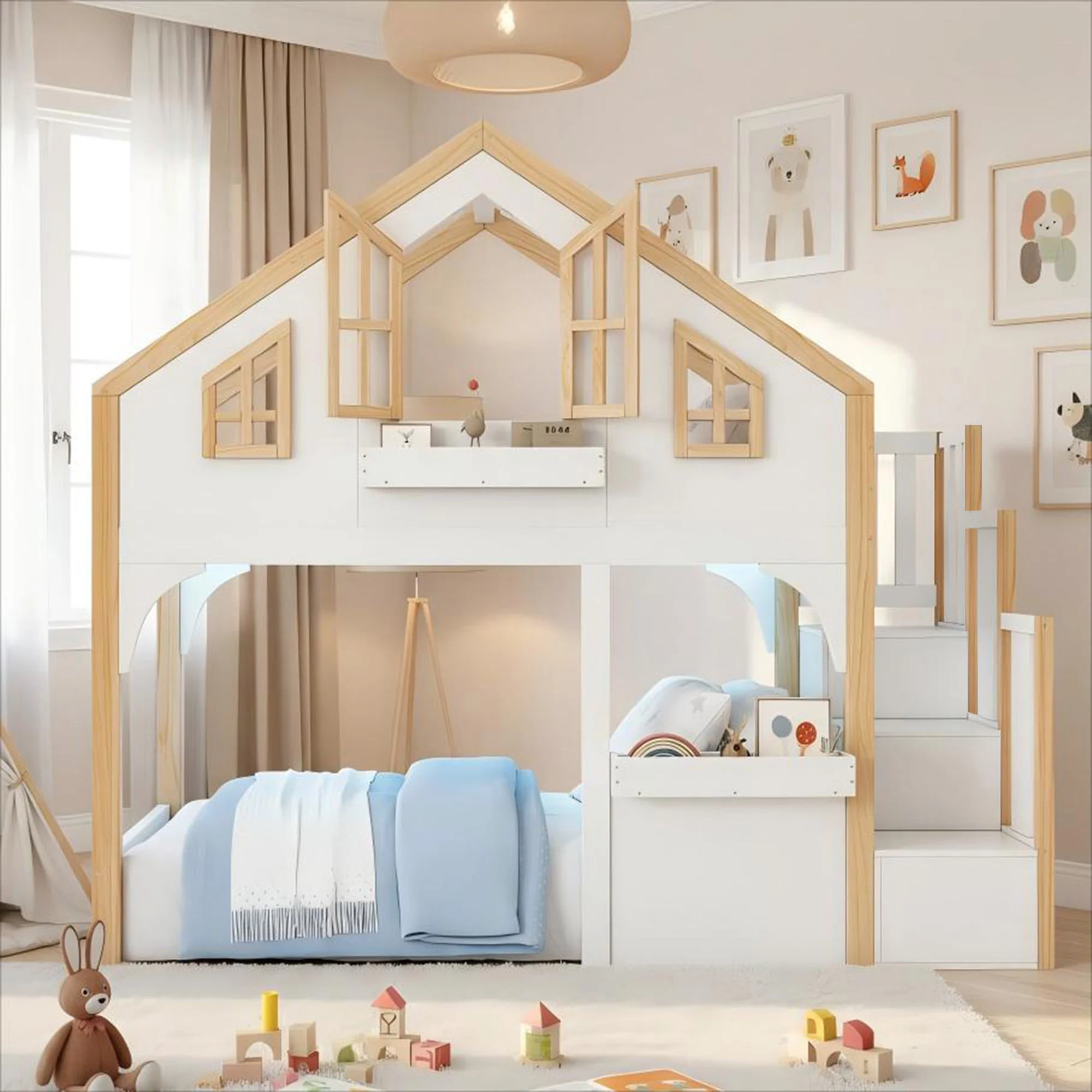 Bunk Bed House 90x200cm Wooden with LED Storage Stairs White + Natural - Image 2