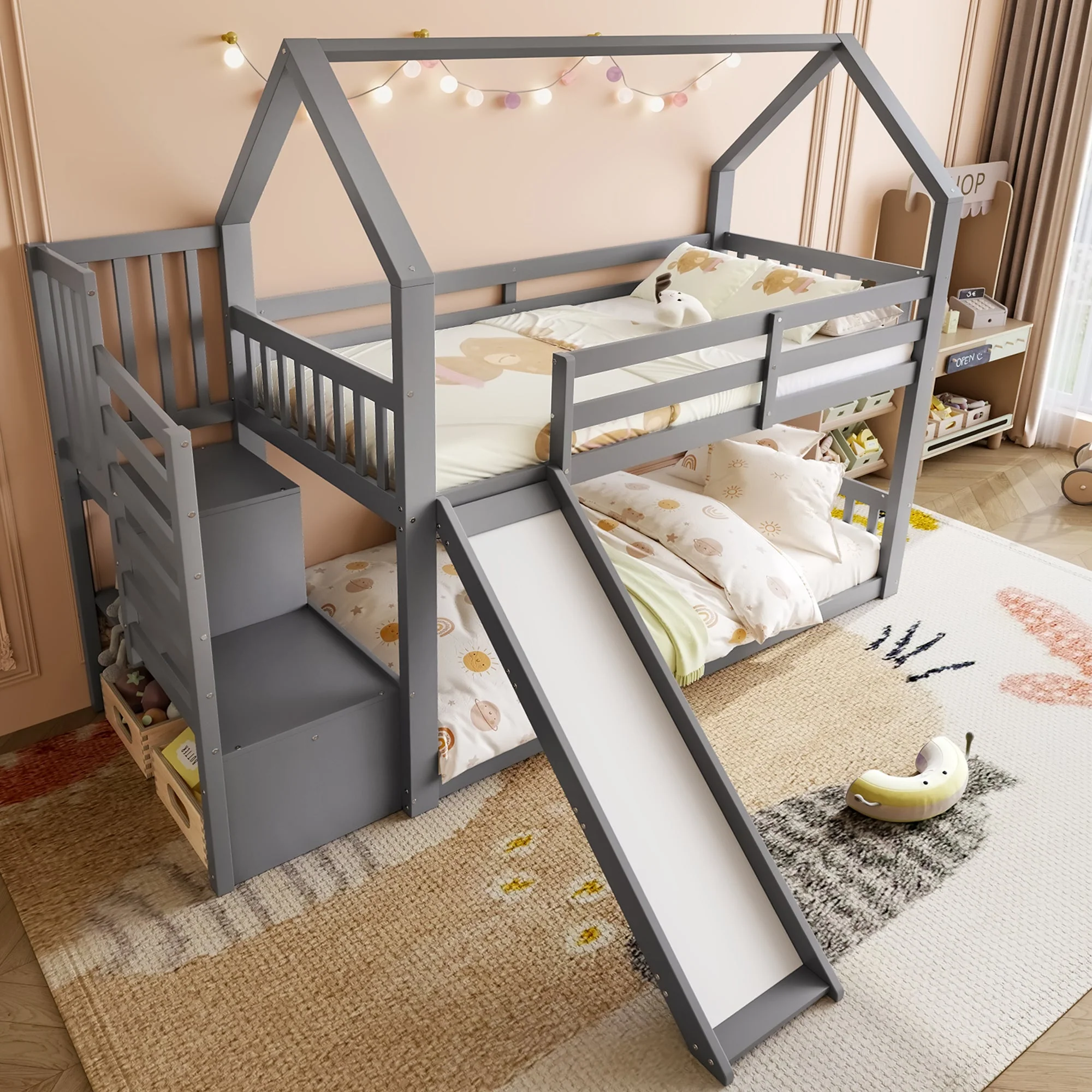 Bunk Bed House Bed 90x200cm Storage Stairs Slide Railing, Grey - Image 3