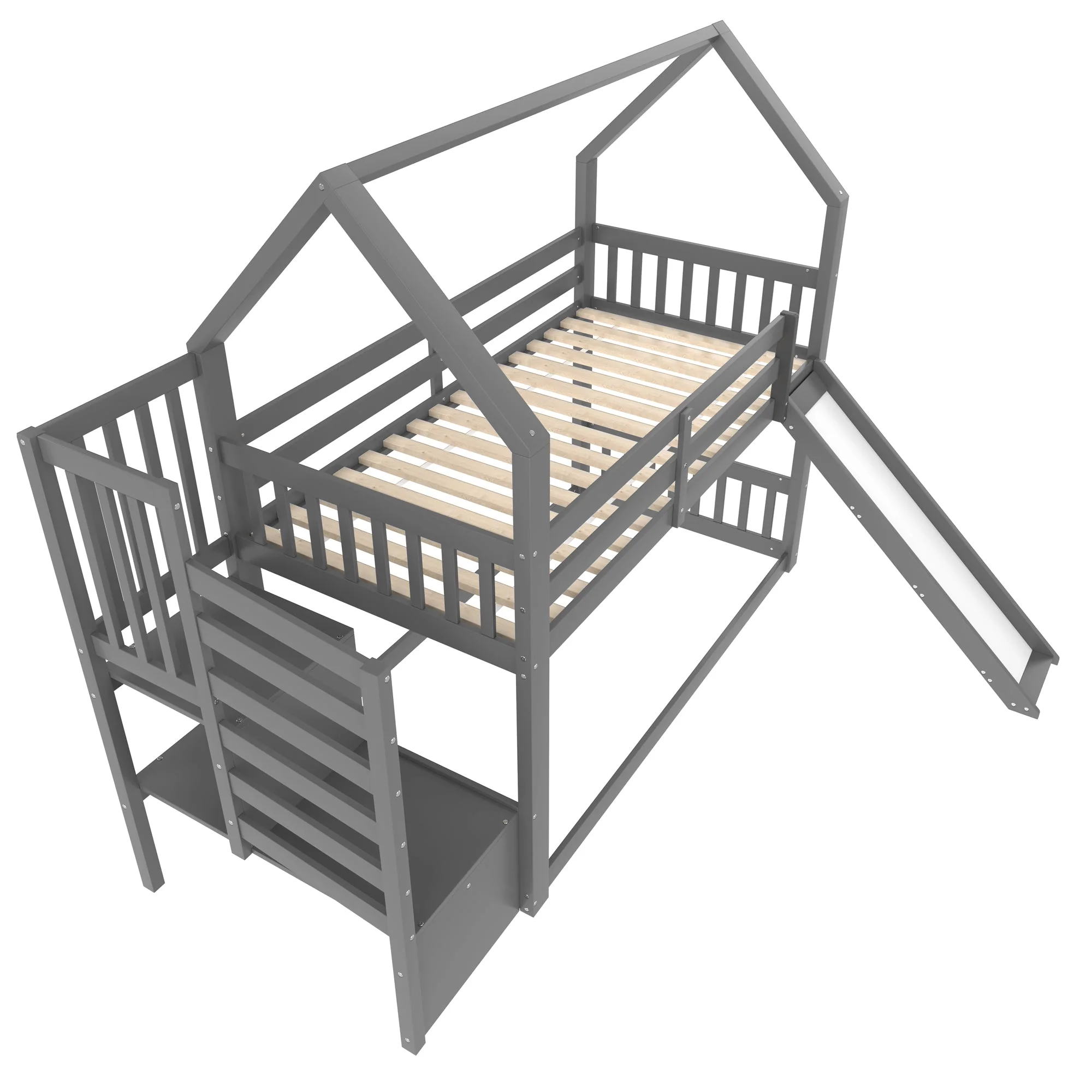 Bunk Bed House Bed 90x200cm Storage Stairs Slide Railing, Grey - Image 6