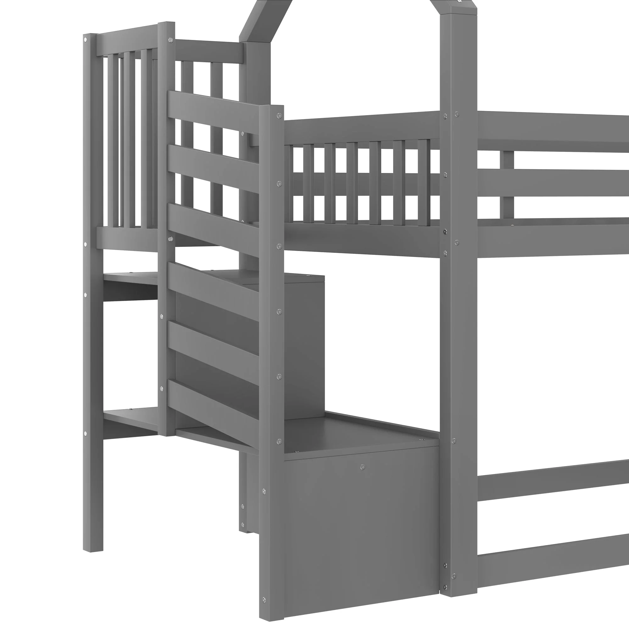 Bunk Bed House Bed 90x200cm Storage Stairs Slide Railing, Grey - Image 8
