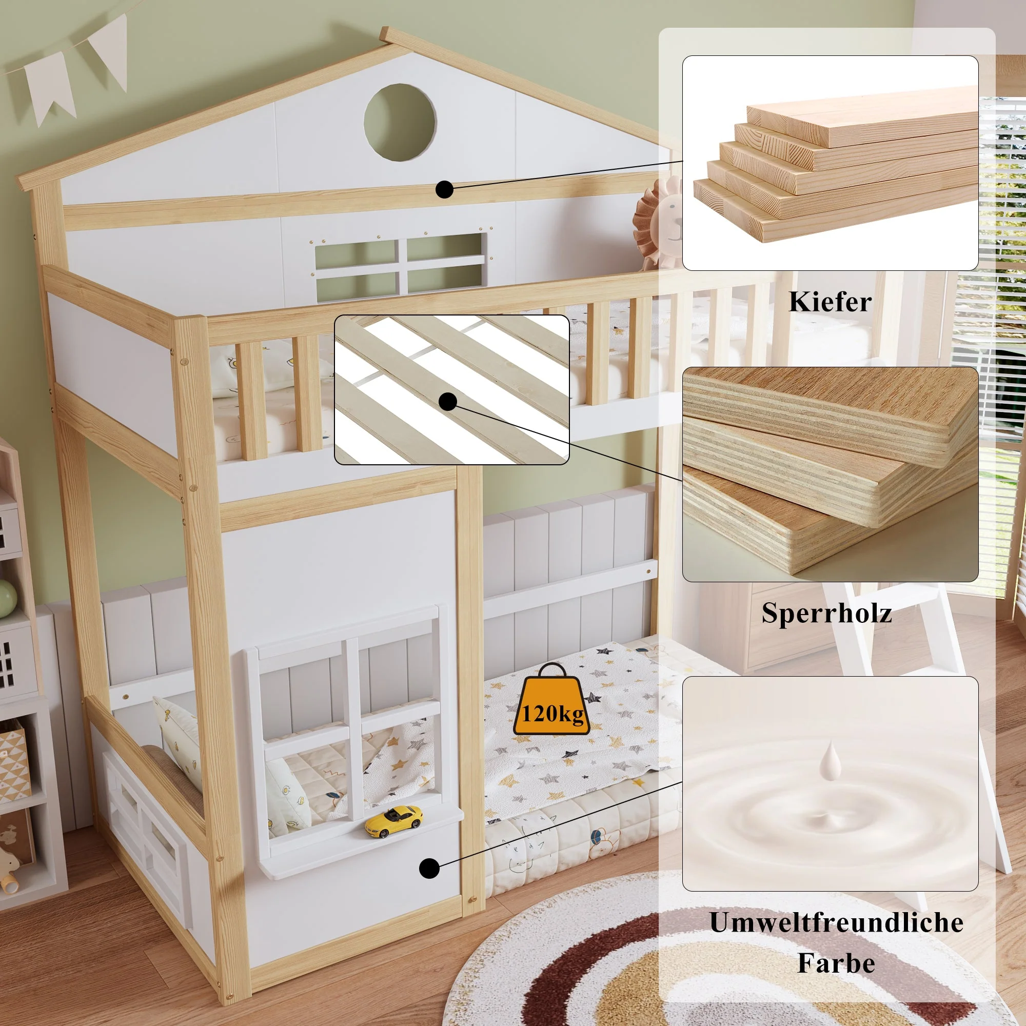 Bunk Bed, House Bed with Stairs & Rails, Pine+MDF, White+Natural - Image 4