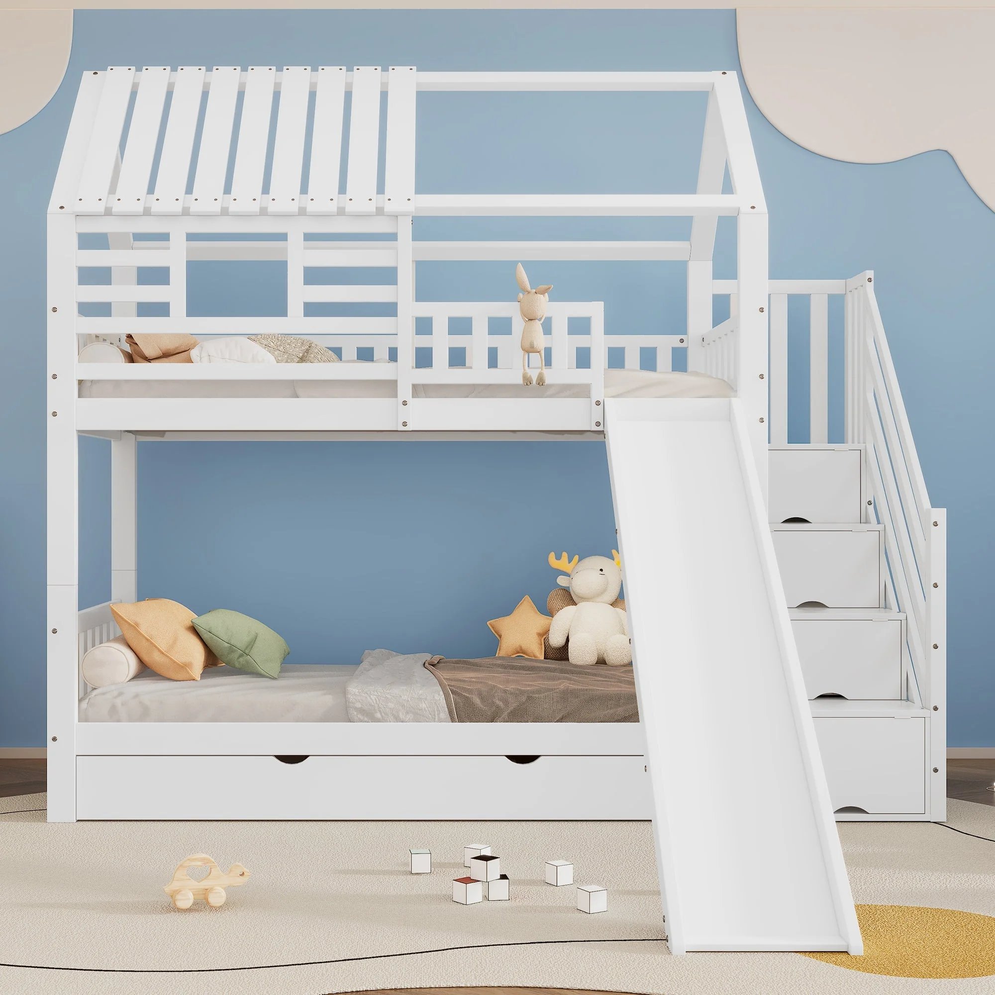Bunk Bed, House Bed with Stairs, Slide, Storage, Safety Gate & Drawer, Pine/MDF, White