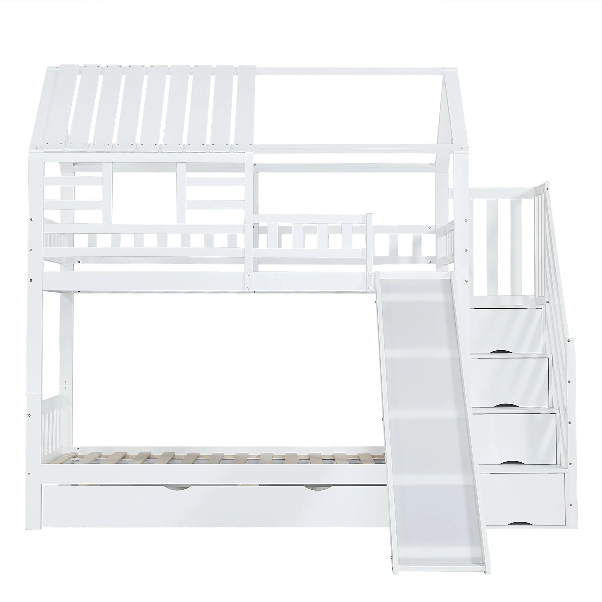 Bunk Bed, House Bed with Stairs, Slide, Storage, Safety Gate & Drawer, Pine/MDF, White - Image 10