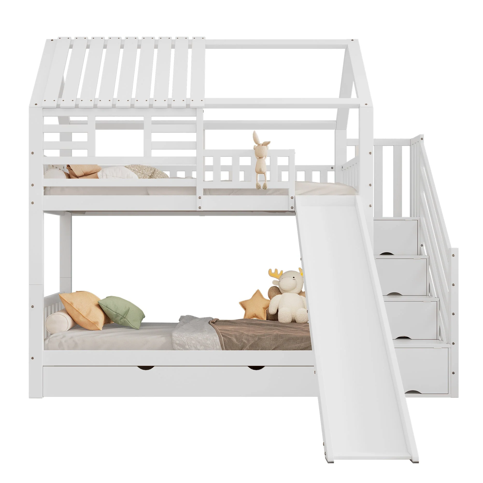 Bunk Bed, House Bed with Stairs, Slide, Storage, Safety Gate & Drawer, Pine/MDF, White - Image 9