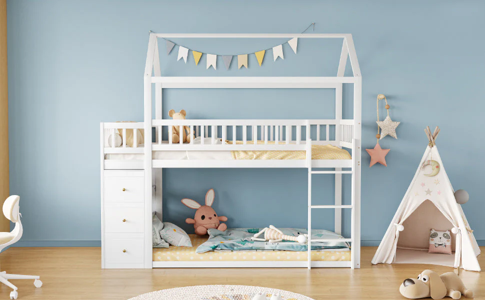 Bunk Bed, House Shape with Storage and Ladder, Solid Wood, White - Image 5