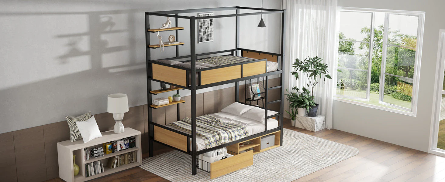Bunk Bed, Iron & MDF, Double Shelf, Under Bed Storage, Black & Natural - Image 9