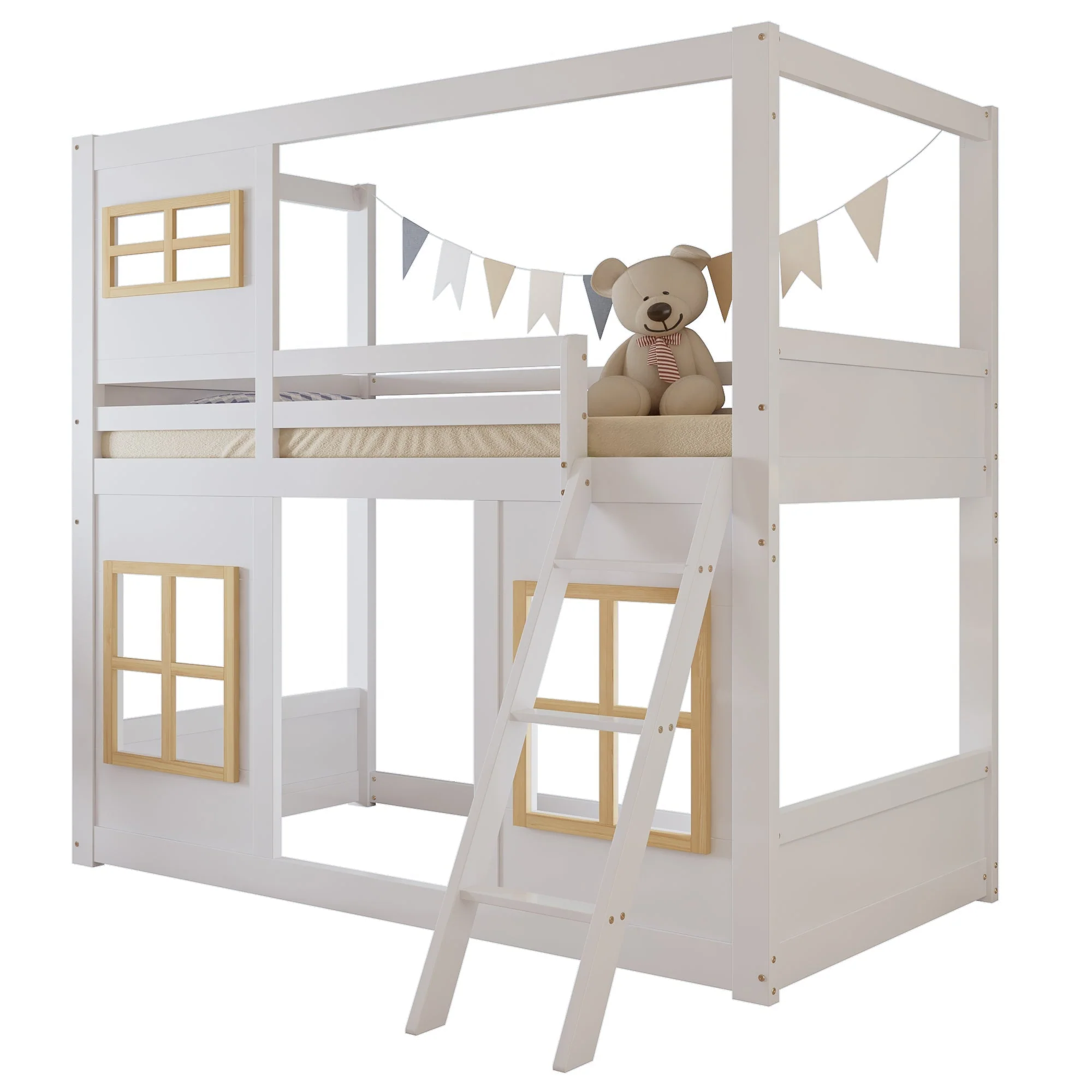 Bunk Bed, Kids with Windows, Ladder & Fencing, Pine + MDF + Plywood - Image 10