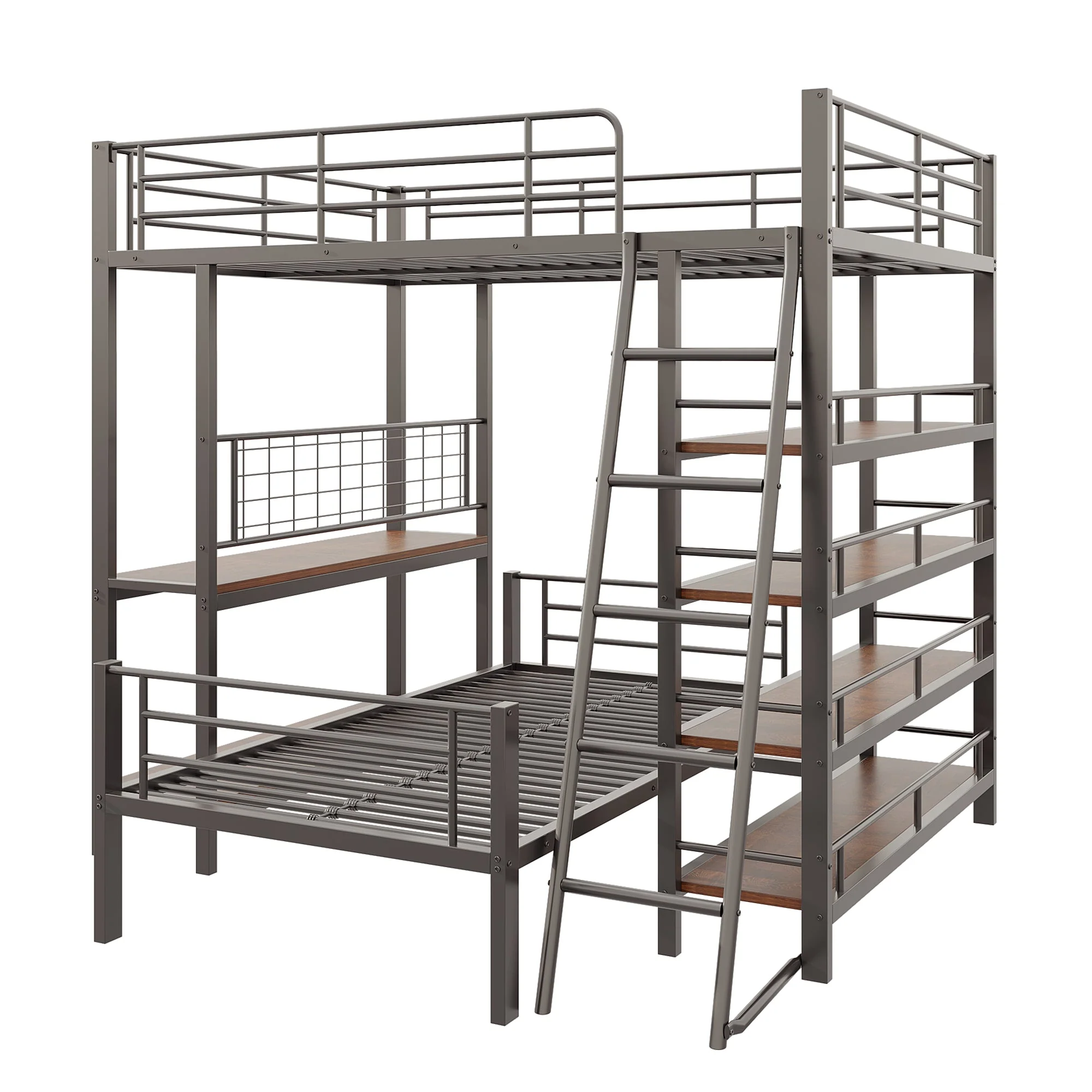 Bunk Bed Metal Frame Loft Bed 140*200 Multifunctional with Storage, Black - Image 7
