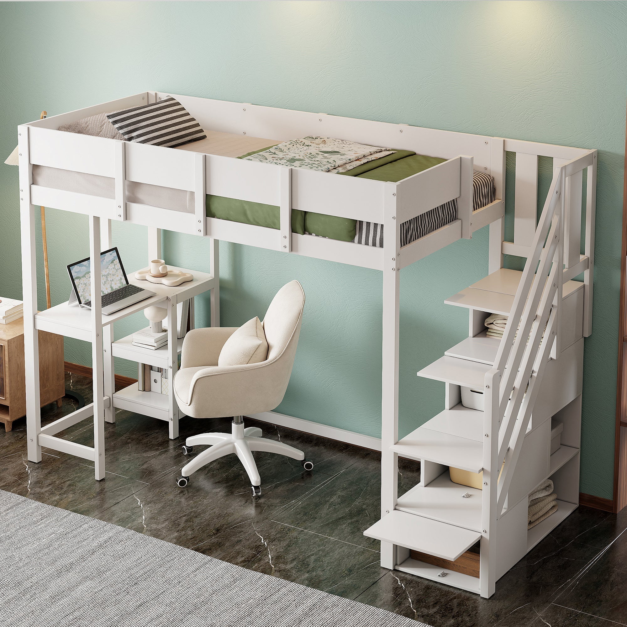 Bunk Bed, Multifunctional Loft with Storage & Shelf, Pine Wood, White - Image 2