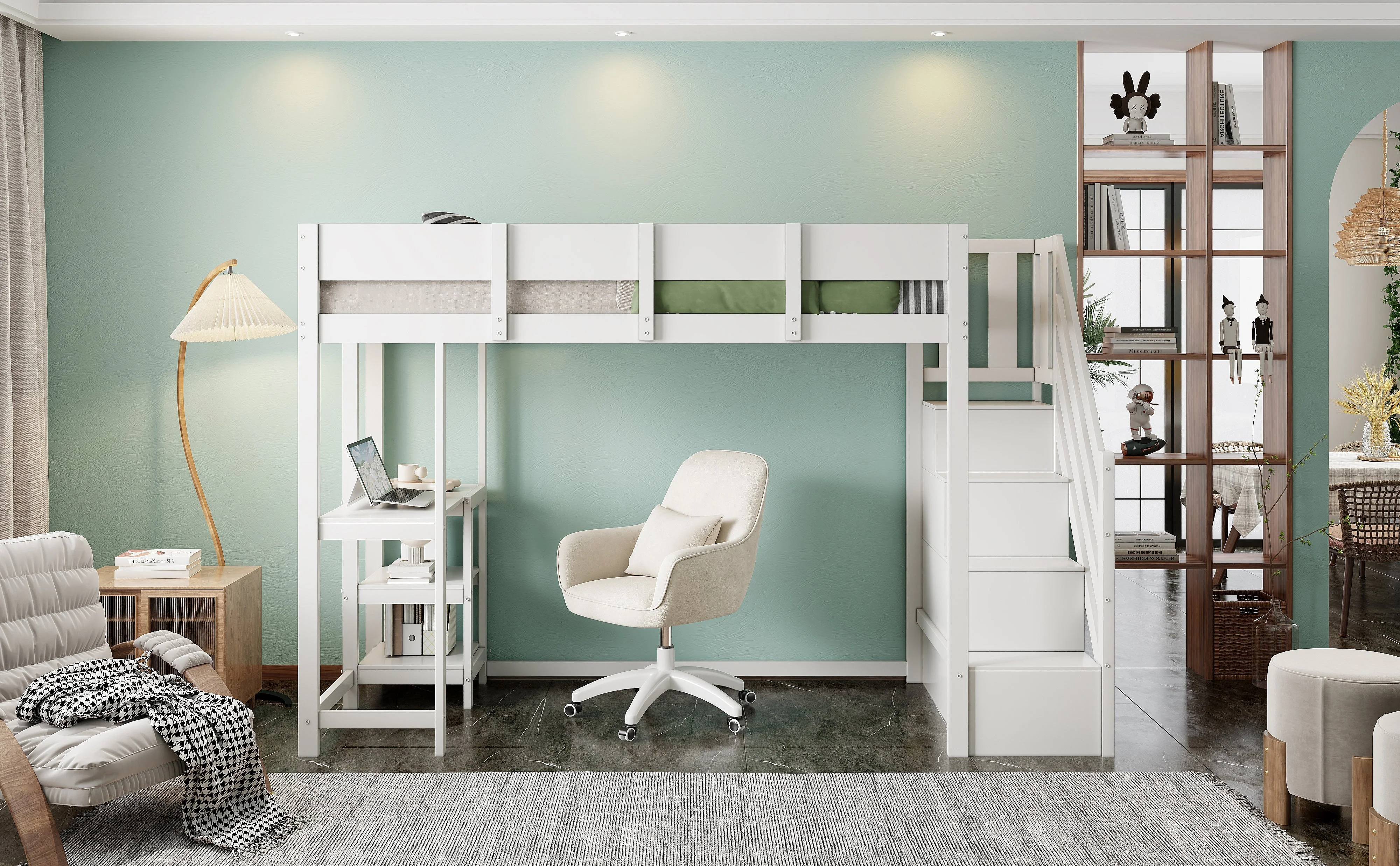 Bunk Bed, Multifunctional Loft with Storage & Shelf, Pine Wood, White - Image 5