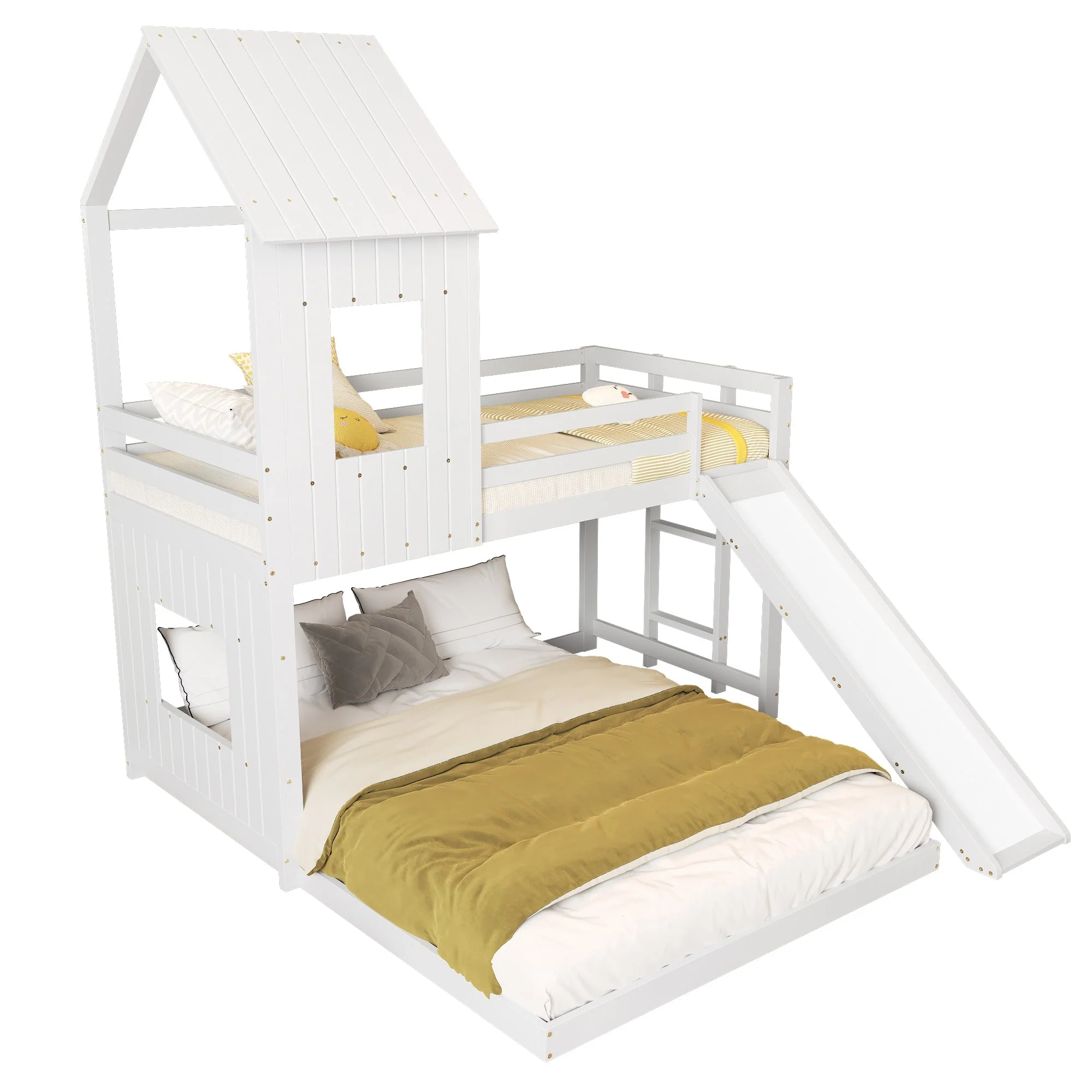 Bunk Bed, Slide House Bed with Safety Gate & Ladder, Pine + MDF, White - Image 9