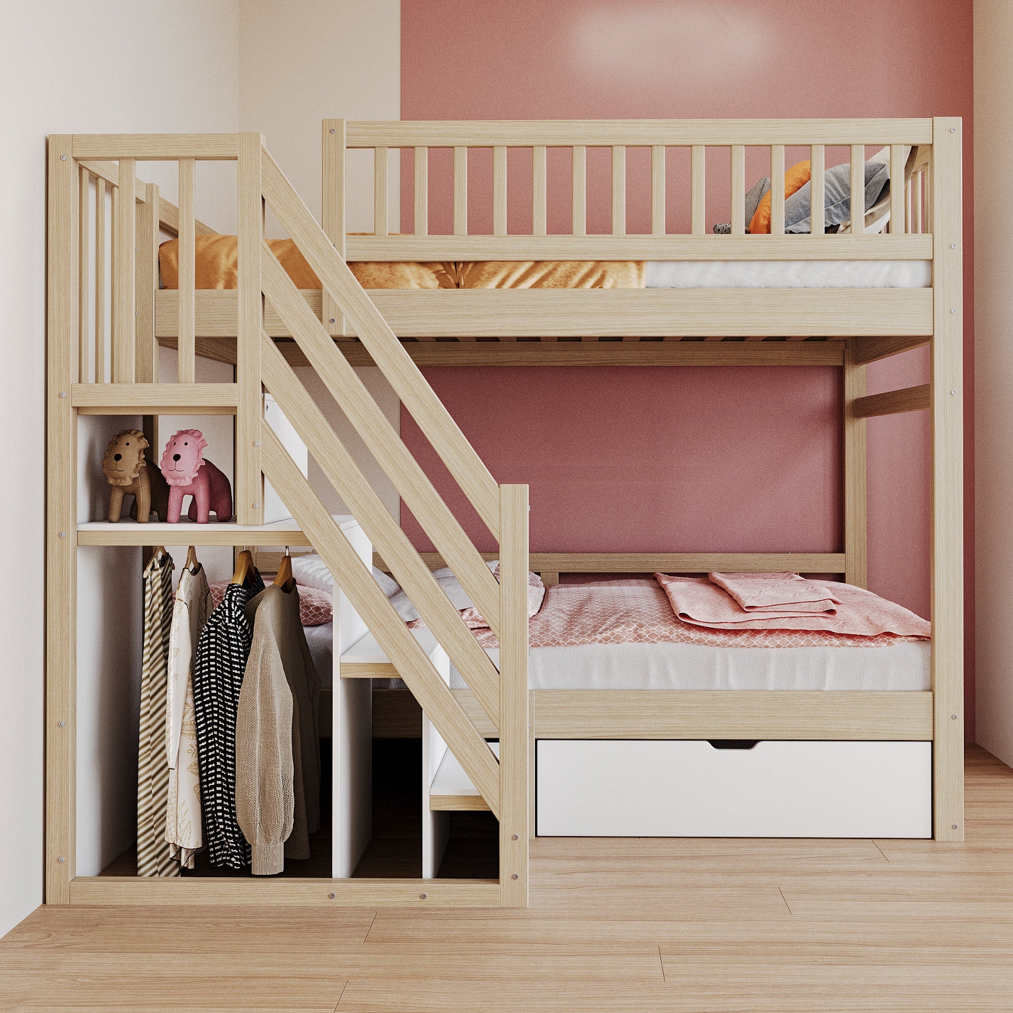 Bunk Bed, Solid Wood 90x200cm with Safety Rail, Slatted Frame, Storage Ladder & Drawers, Wood Color - Image 3
