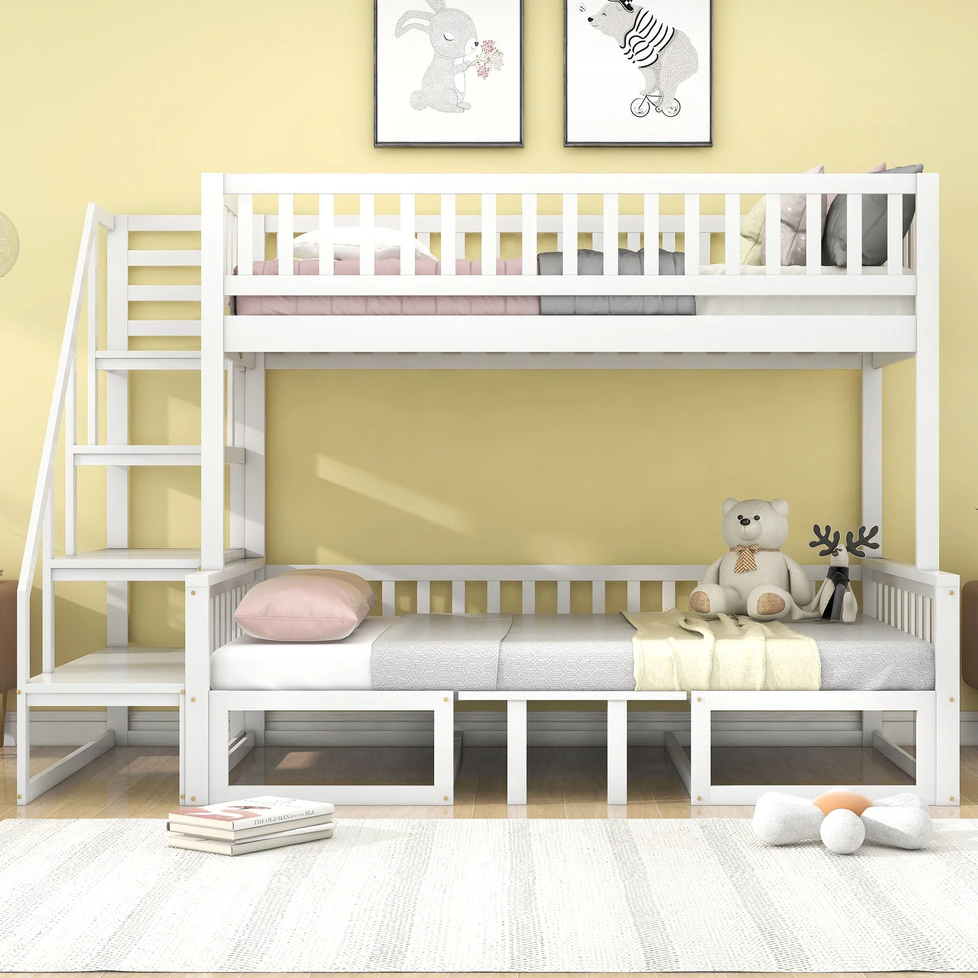 Bunk Bed, Space-Saving with Stairs, Adjustable Table, Wooden Sofa, Pine Wood, White