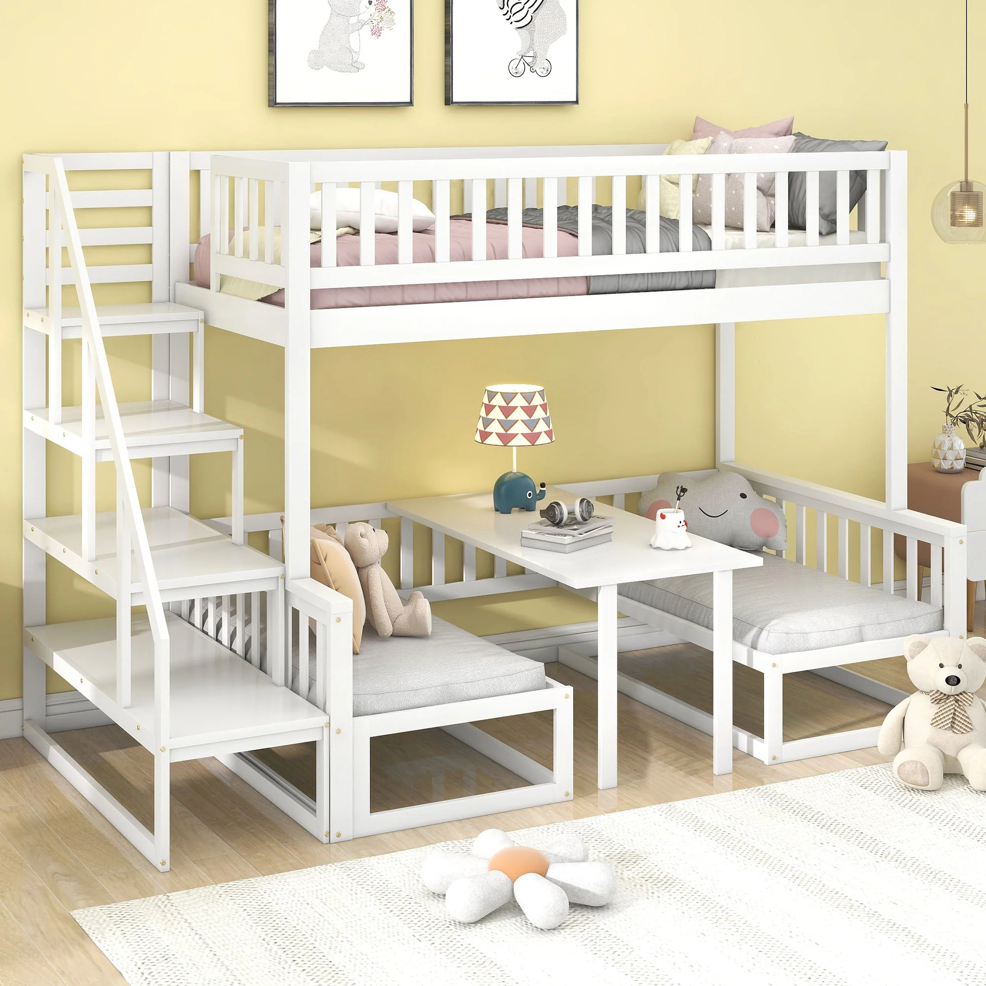 Bunk Bed, Space-Saving with Stairs, Adjustable Table, Wooden Sofa, Pine Wood, White - Image 7