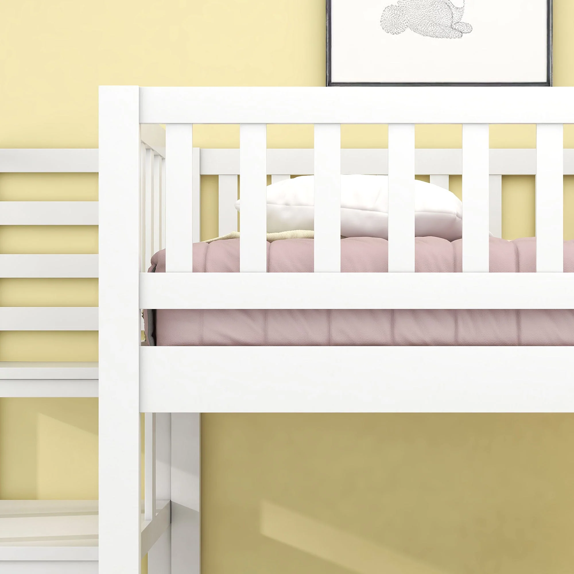 Bunk Bed, Space-Saving with Stairs, Adjustable Table, Wooden Sofa, Pine Wood, White - Image 8