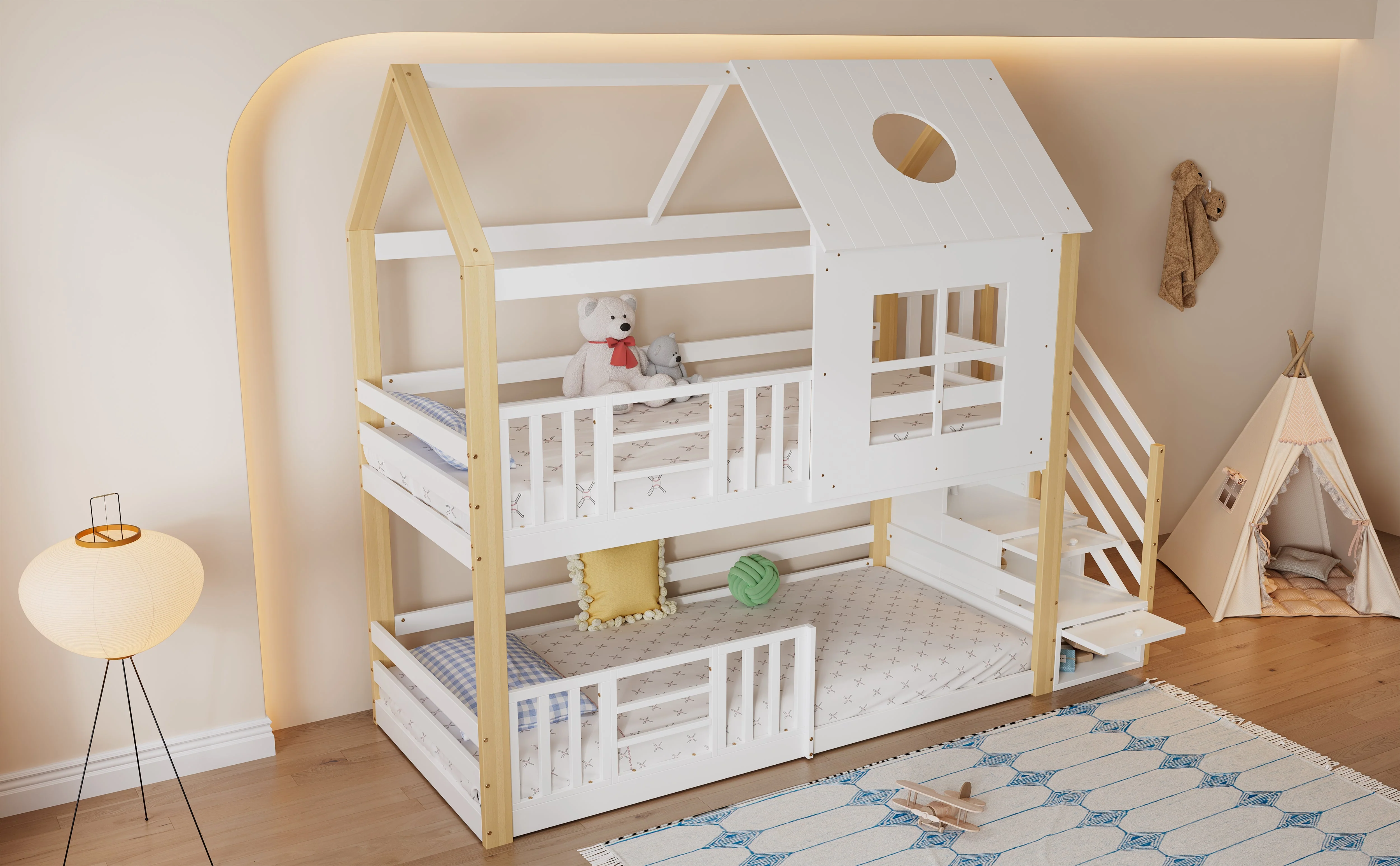 Bunk Bed, Storage Ladder House Bed with Safety Gate, Window & Roof, Pine+MDF White+Natural, 90x200cm - Image 10