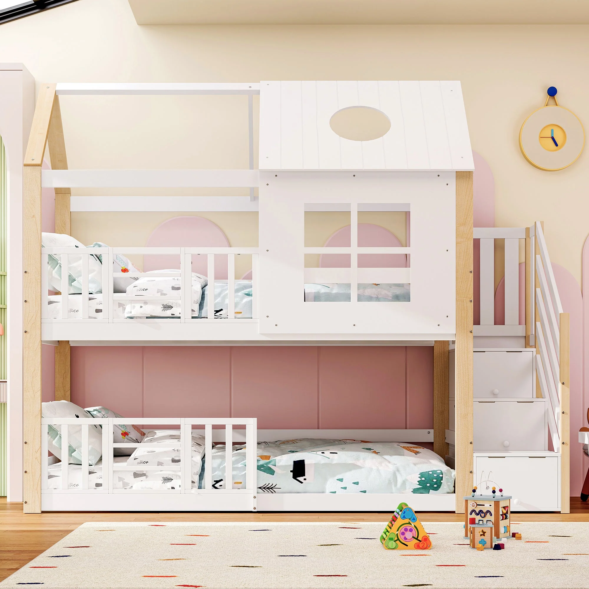 Bunk Bed, Storage Ladder House Bed with Safety Gate, Window & Roof, Pine+MDF White+Natural, 90x200cm - Image 4