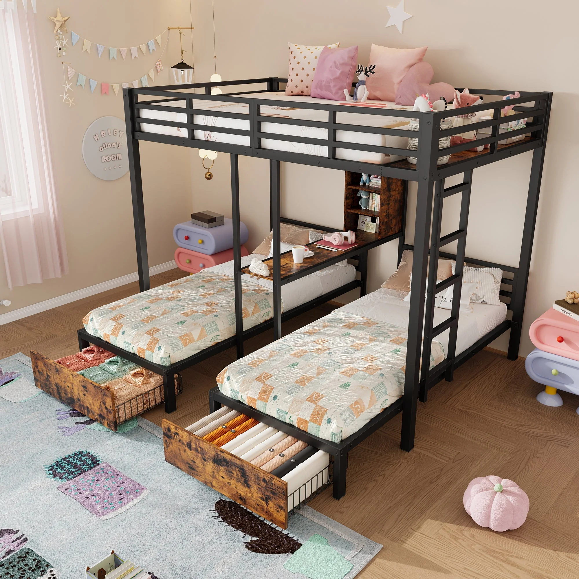 Bunk Bed Triple Sleeper 140x200/90x200cm with Storage Drawers and Shelves Black - Image 2