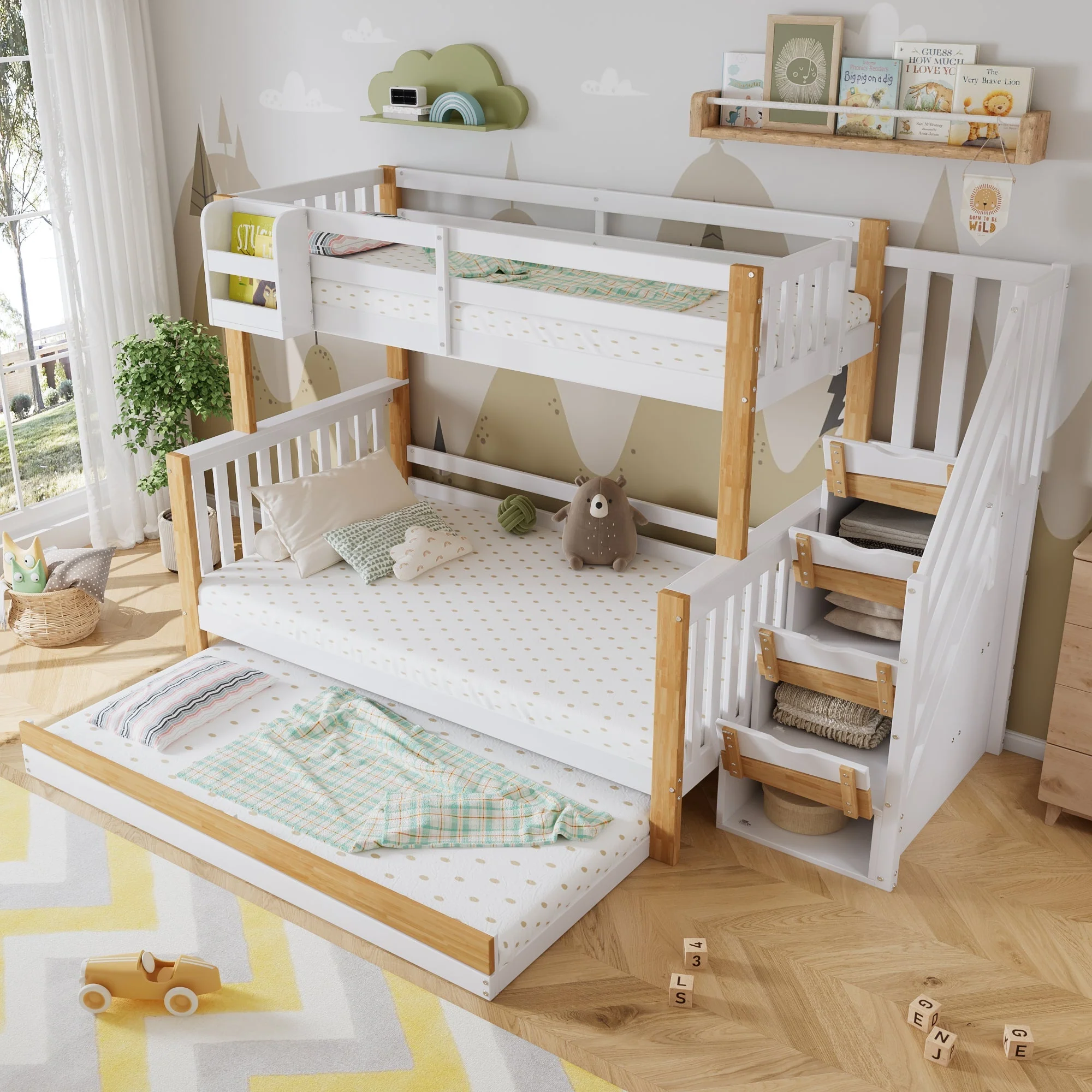 Bunk Bed, Trundle & Corner Stairs, Pine + MDF, White + Natural - Image 3