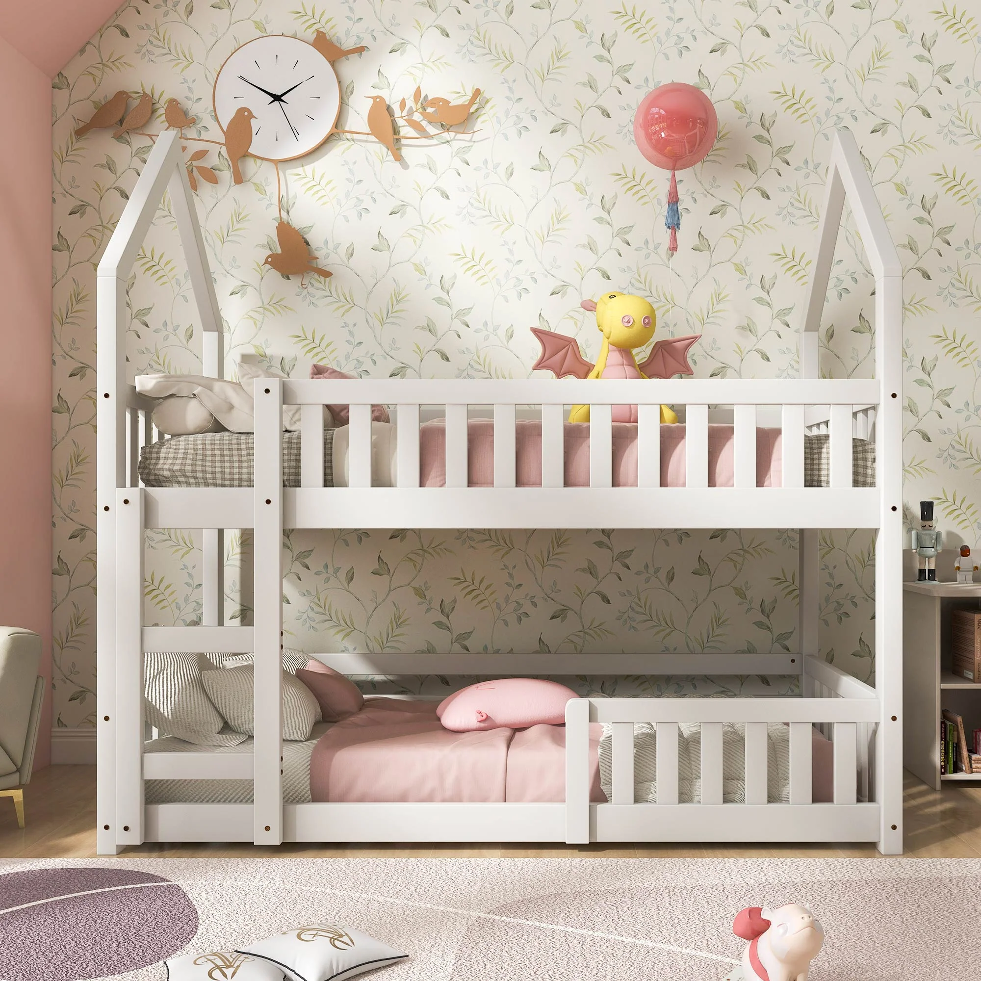 Bunk Bed, Twin Sleeper with Ladder & Gaming Castle Design, Solid Wood Frame (White) - Image 2