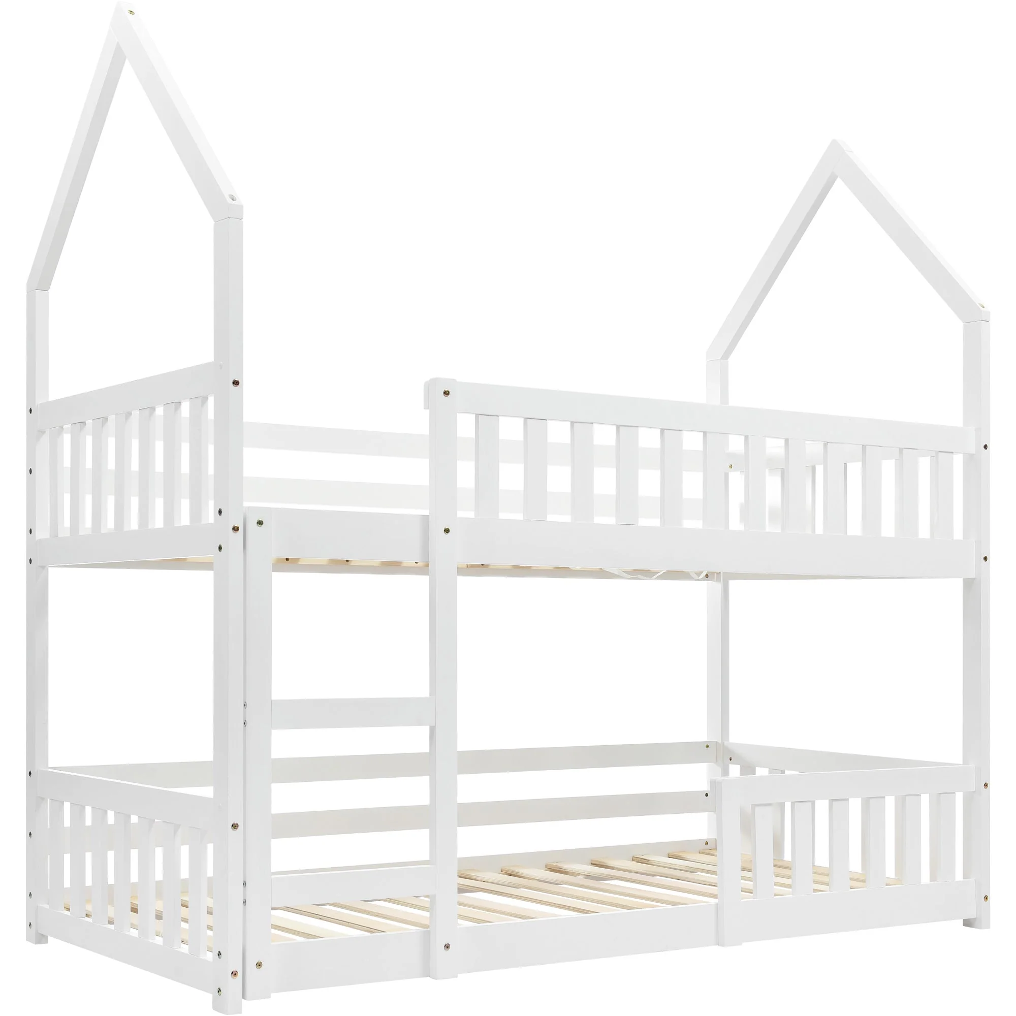 Bunk Bed, Twin Sleeper with Ladder & Gaming Castle Design, Solid Wood Frame (White) - Image 3