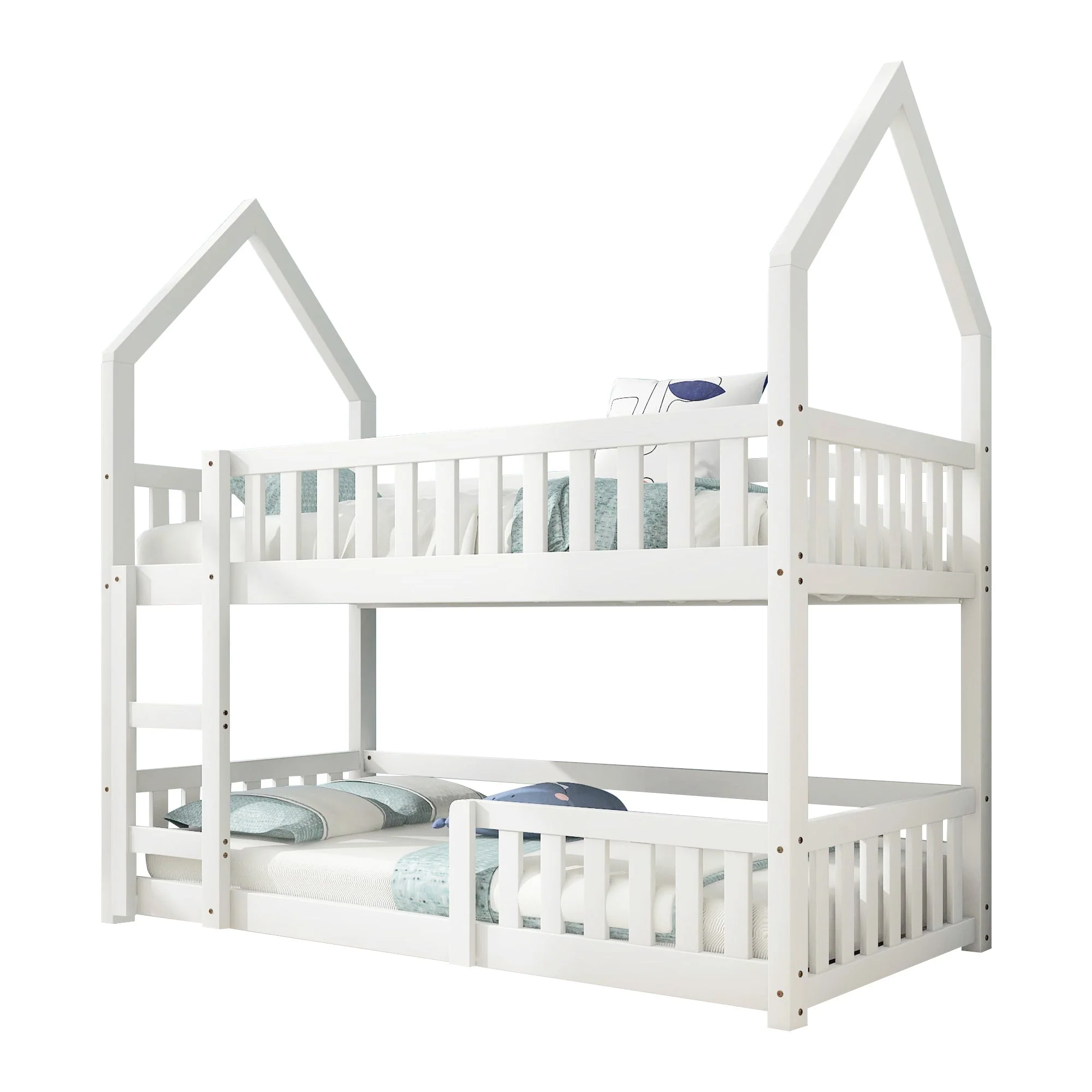 Bunk Bed, Twin Sleeper with Ladder & Gaming Castle Design, Solid Wood Frame (White) - Image 5