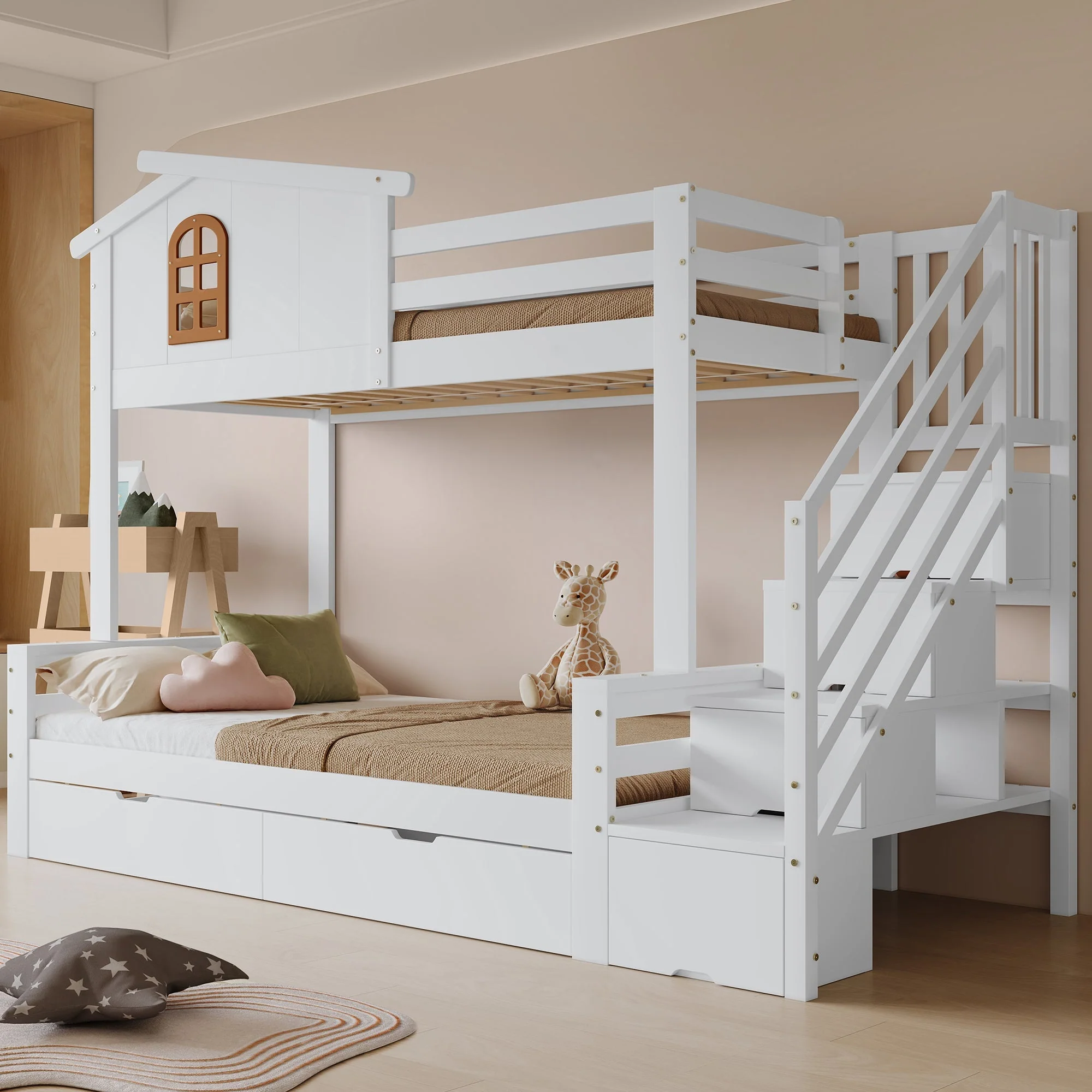 Bunk Bed, Two Drawers, Corner Ladder, Pine + MDF + Plywood, White + Natural - Image 2